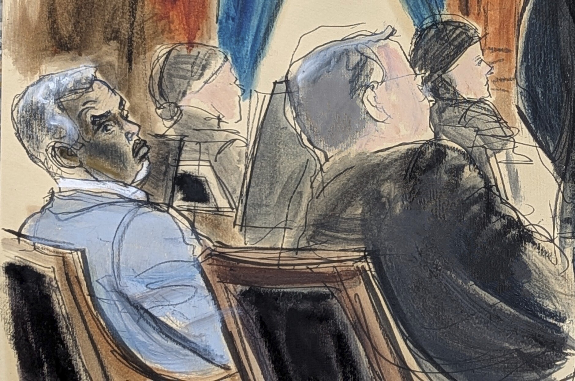 Sean Diddy'Combs, far left, and attorney Marc Agnifilo, right, sit at the defense table during witness testimony in Manhattan federal court, Tuesday, May 13, 2025, in New York. (Elizabeth Williams via AP)