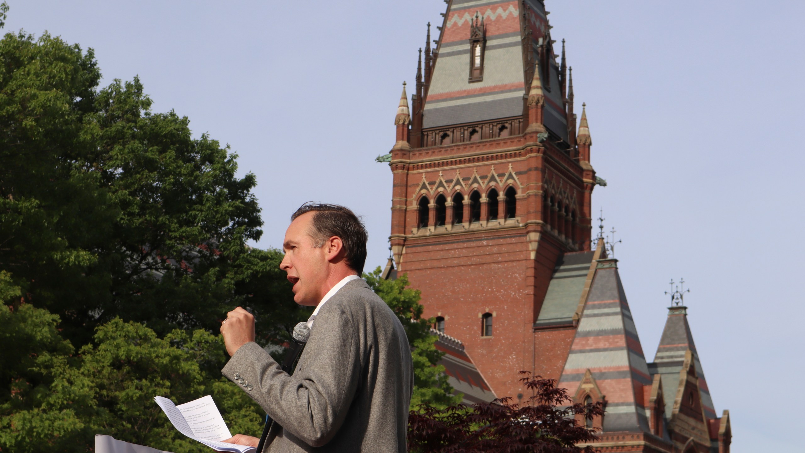 Ryan Enos, a government professor at Harvard University, speaks at a protest against President Donald Trump's recent sanctions against Harvard in front of Science Center Plaza on Tuesday, May 27, 2025, in Cambridge, Mass. (AP Photo/Leah Willingham)