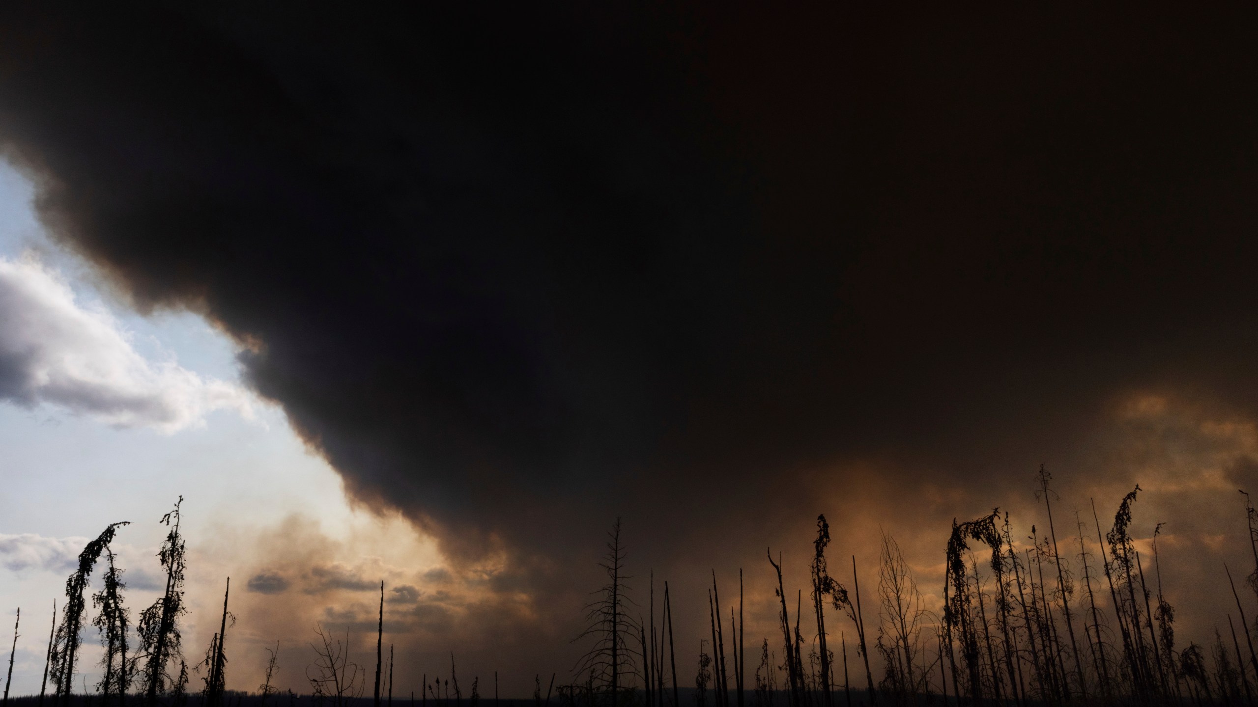 Wildfire smoke hangs in the air above Highway 97 north of Buckinghorse River, British Columbia, on Friday, May 30, 2025. (Nasuna Stuart-Ulin/The Canadian Press via AP)