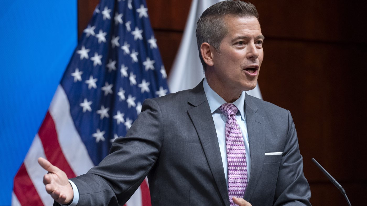 Transportation Secretary Sean Duffy speaks during a news conference