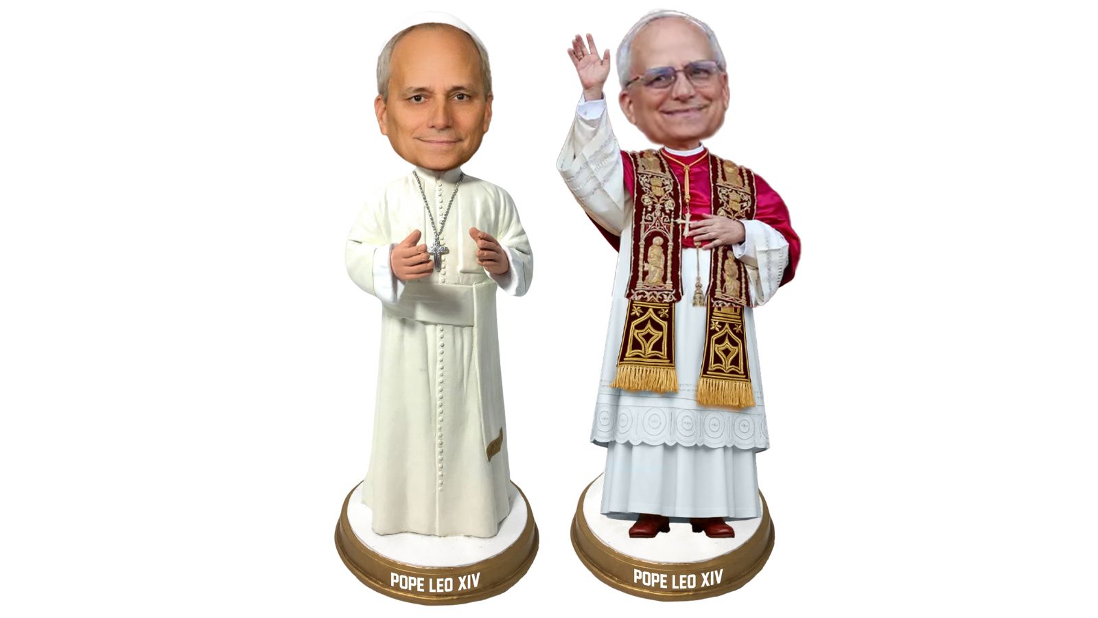 Two Pope Leo XIV bobbleheads are on display.