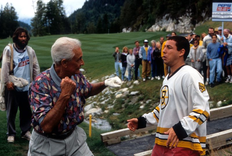 Bob Barker prepares to punch Adam Sandler in a movie scene