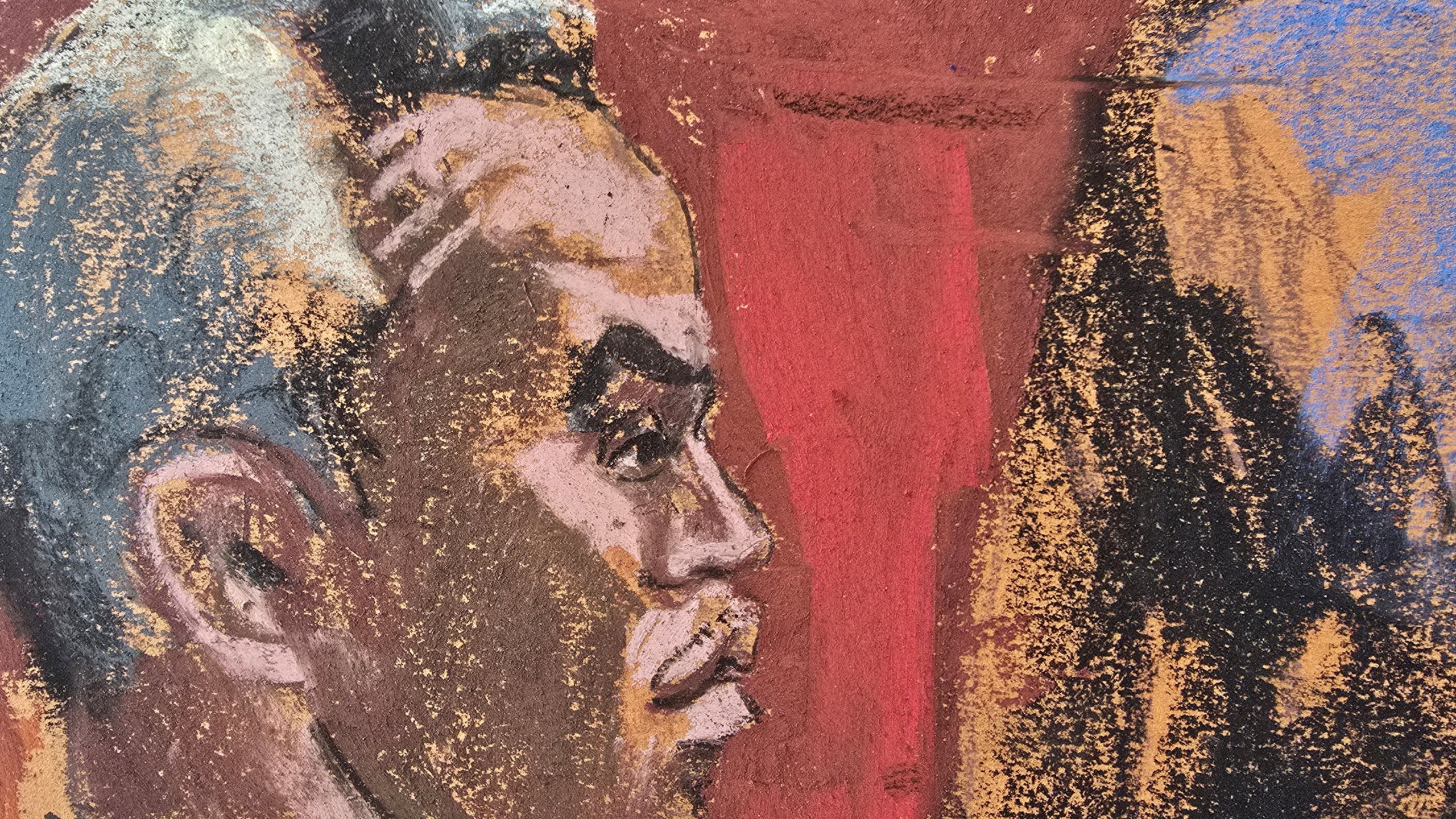 courtroom sketch of Diddy listening during his trial