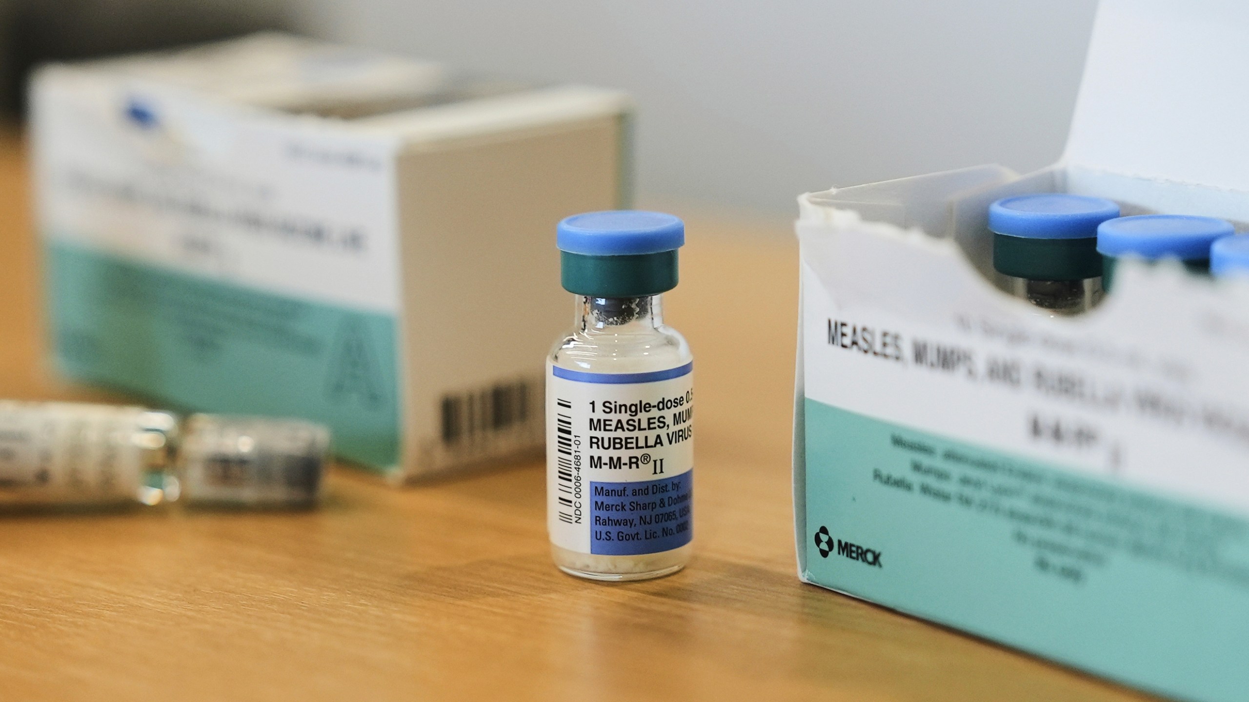FILE - Vials for the measles, mumps and rubella vaccine are displayed at a clinic in Lubbock, Texas, on Feb. 26, 2025. (AP Photo/Mary Conlon, File)