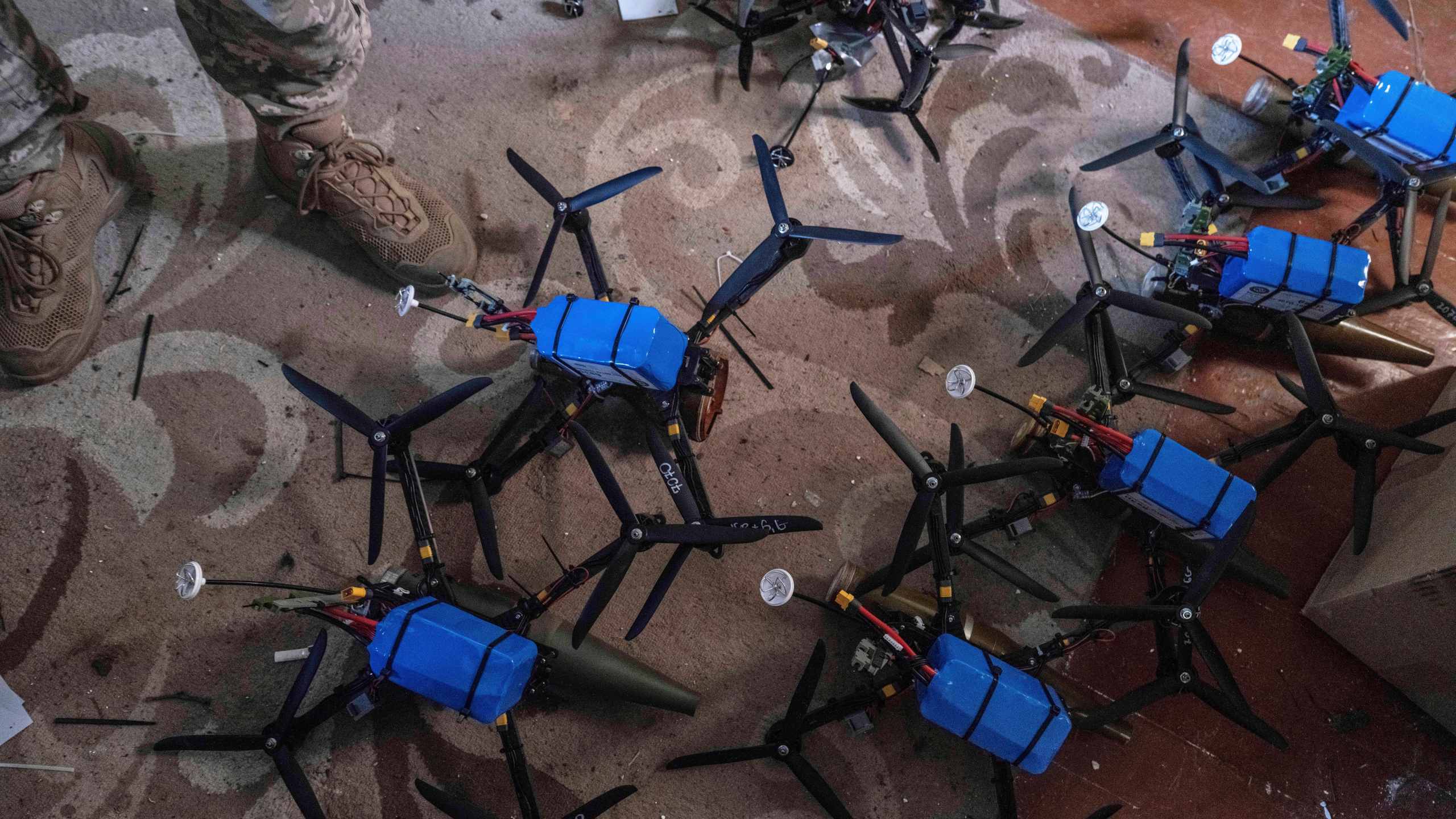 FILE - In this photo provided by Ukraine's 93rd Kholodnyi Yar Separate Mechanized Brigade, drones are prepared to be fired towards Russian positions at a shelter in Kostyantynivka, Donetsk region, Ukraine, on May 23, 2025. (Iryna Rybakova/Ukraine's 93rd Mechanized Brigade via AP, File)