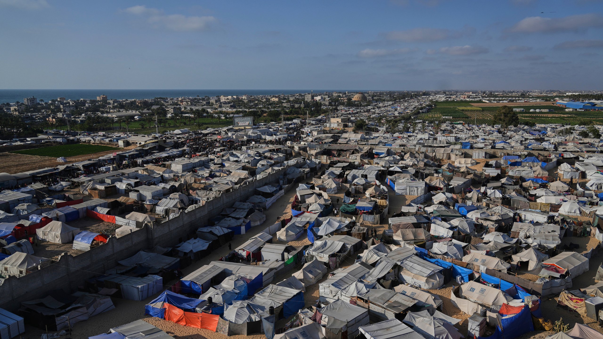 A view of a makeshift tent camp for displaced Palestinians in Khan Younis, Gaza on Wednesday, June 4, 2025. (AP Photo/Abdel Kareem Hana)