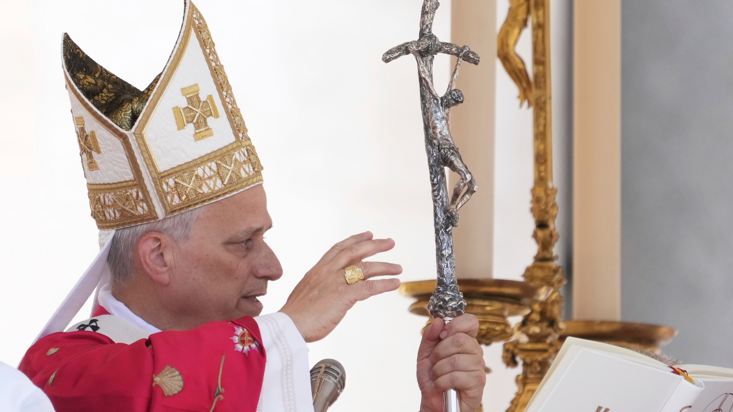 Pope Leo XIV delivers his blessing at the end of a Mass for the Jubilee of New Religious Associations on Pentecost Day in St. Peter's Square at the Vatican, Sunday, June 8, 2025. (AP Photo/Andrew Medichini)