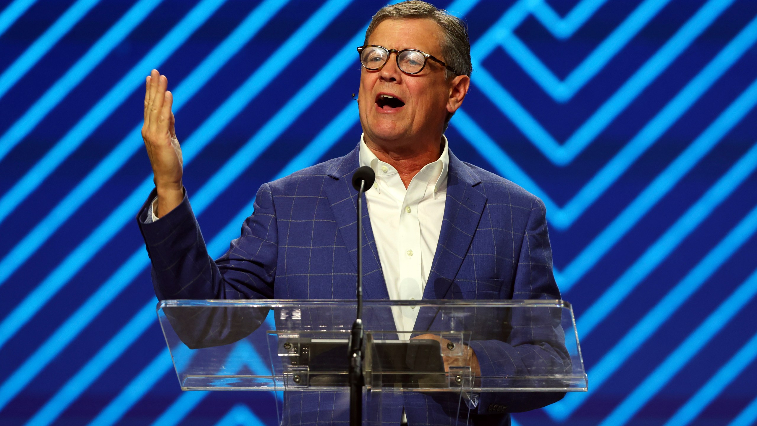 Kevin Ezell, president of the North American Mission Board, speaks during the 2025 Southern Baptist Convention Annual Meeting, Tuesday, June 10, 2025, in Dallas. (AP Photo/Richard W. Rodriguez)
