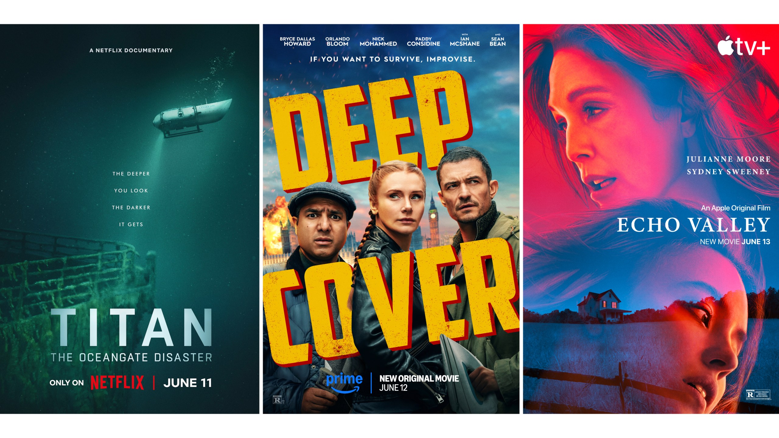 This combination of images shows promotional art for "Titan: The Oceangate Disaster," left, "Deep Cover," center, and "Echo Valley." (Netflix/Prime/Apple TV+ via AP)