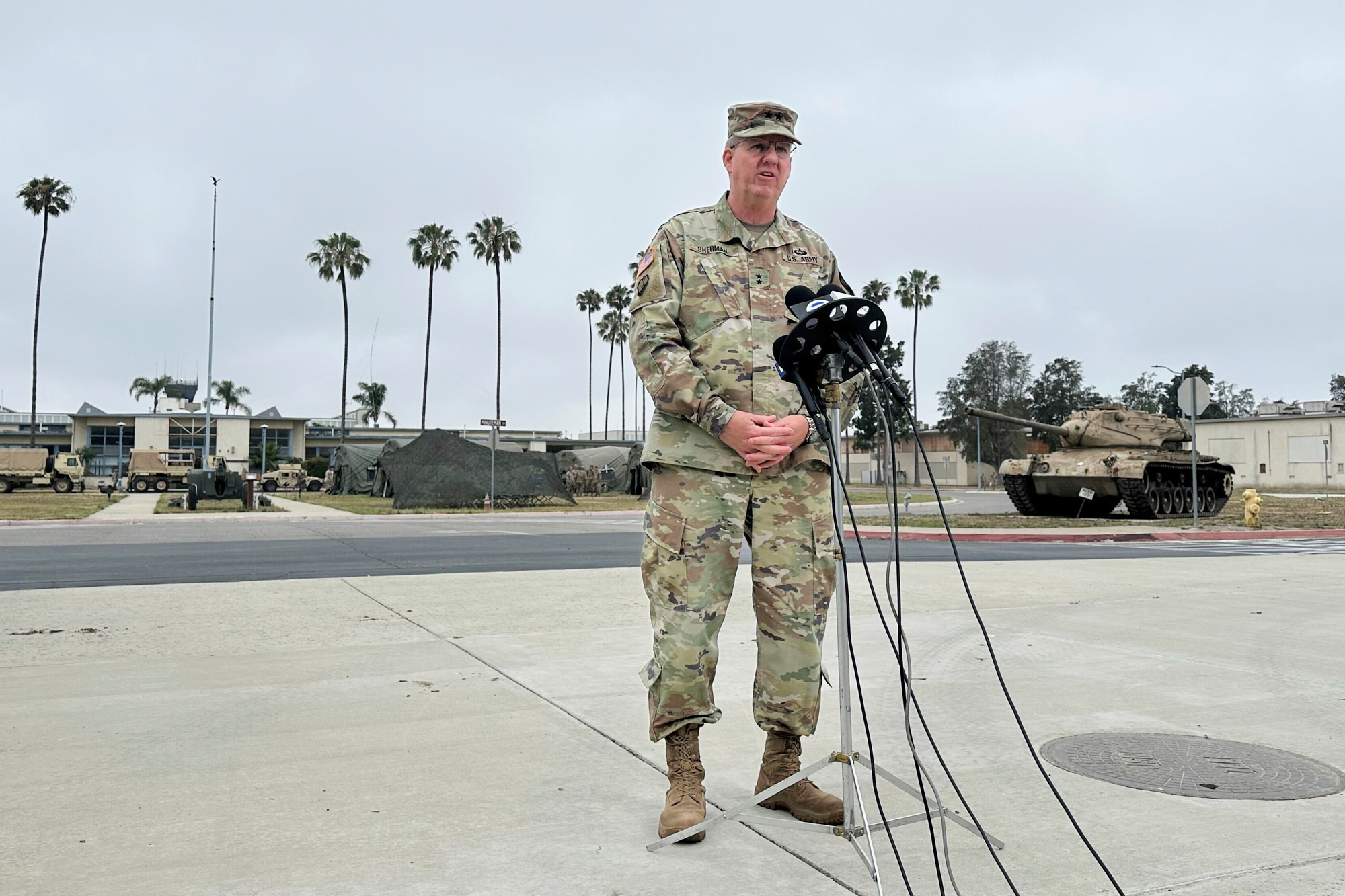 Maj. Gen. Scott Sherman, head of Task Force 51, which is overseeing the deployment of National Guard and Marines to Los Angeles, speaks to reporters Wednesday, June 11, 2025 at the Joint Forces Training Base in Los Alamitos, Calif. (AP Photo/Amy Taxin)