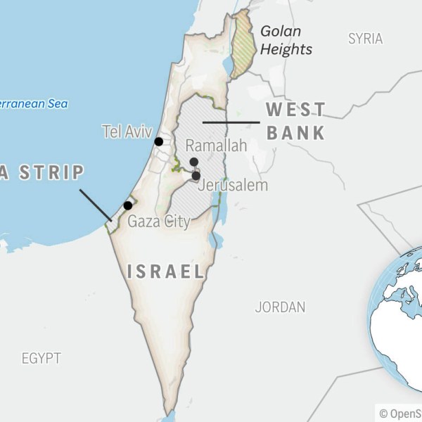 A locator map of Israel and the Palestinian Territories.