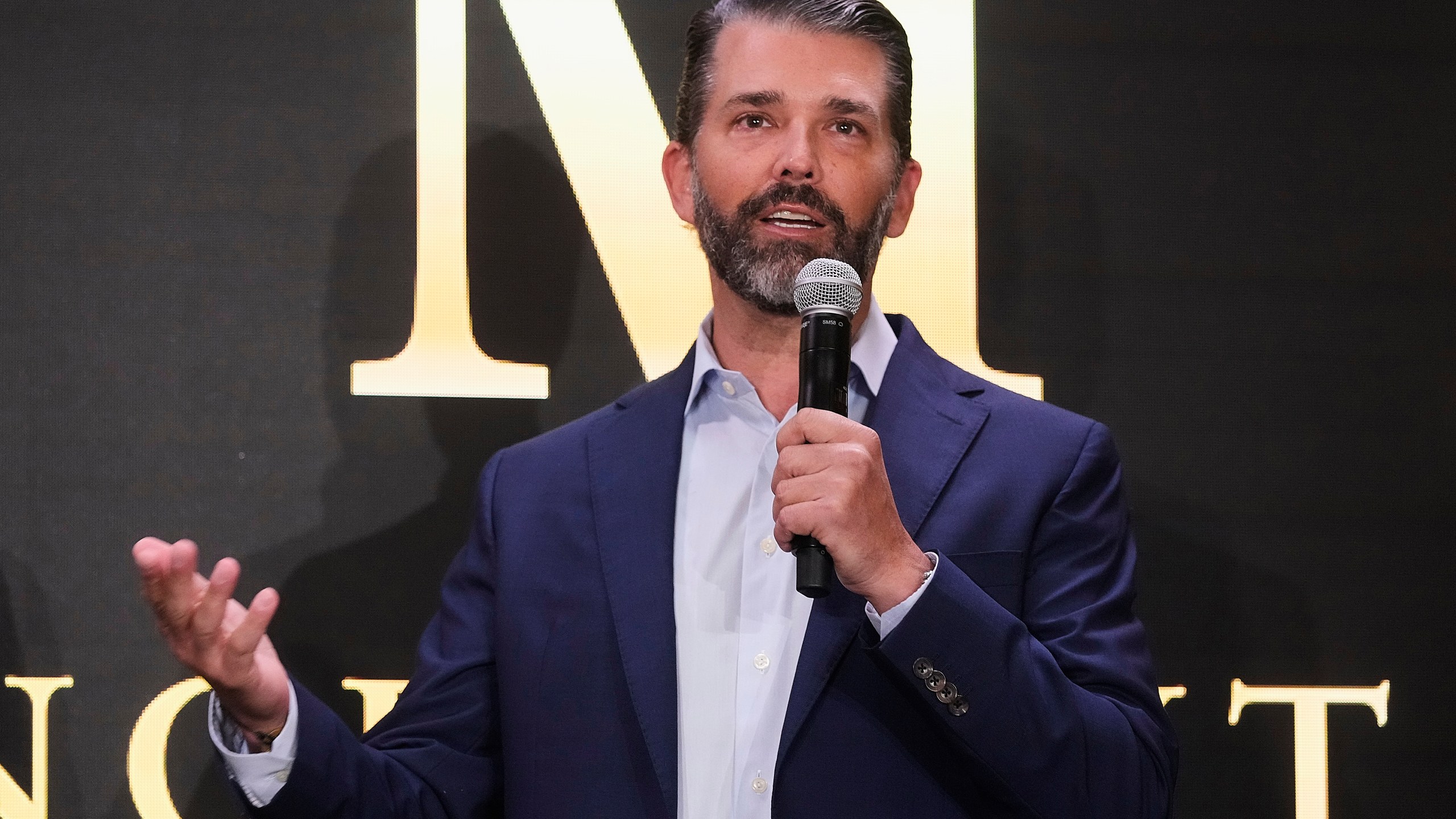 Donald Trump Jr. participates in the announcement of Trump Mobile, in New York's Trump Tower, Monday, June 16, 2025. (AP Photo/Richard Drew)