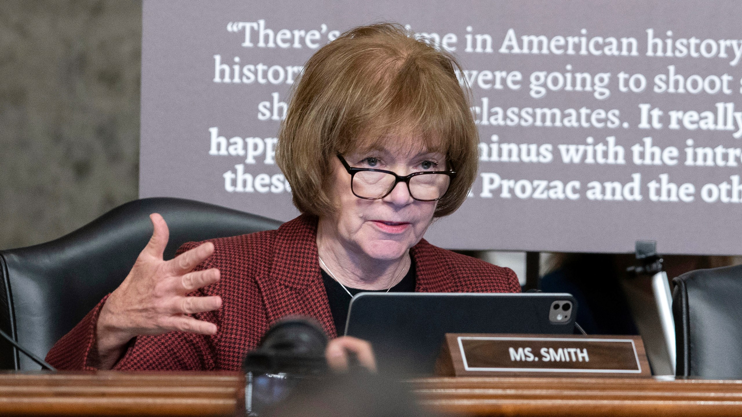 FILE - Sen. Tina Smith, D-Minn., speaks during a confirmation hearing at the Capitol in Washington, Jan. 29, 2025. (AP Photo/Jose Luis Magana, File)