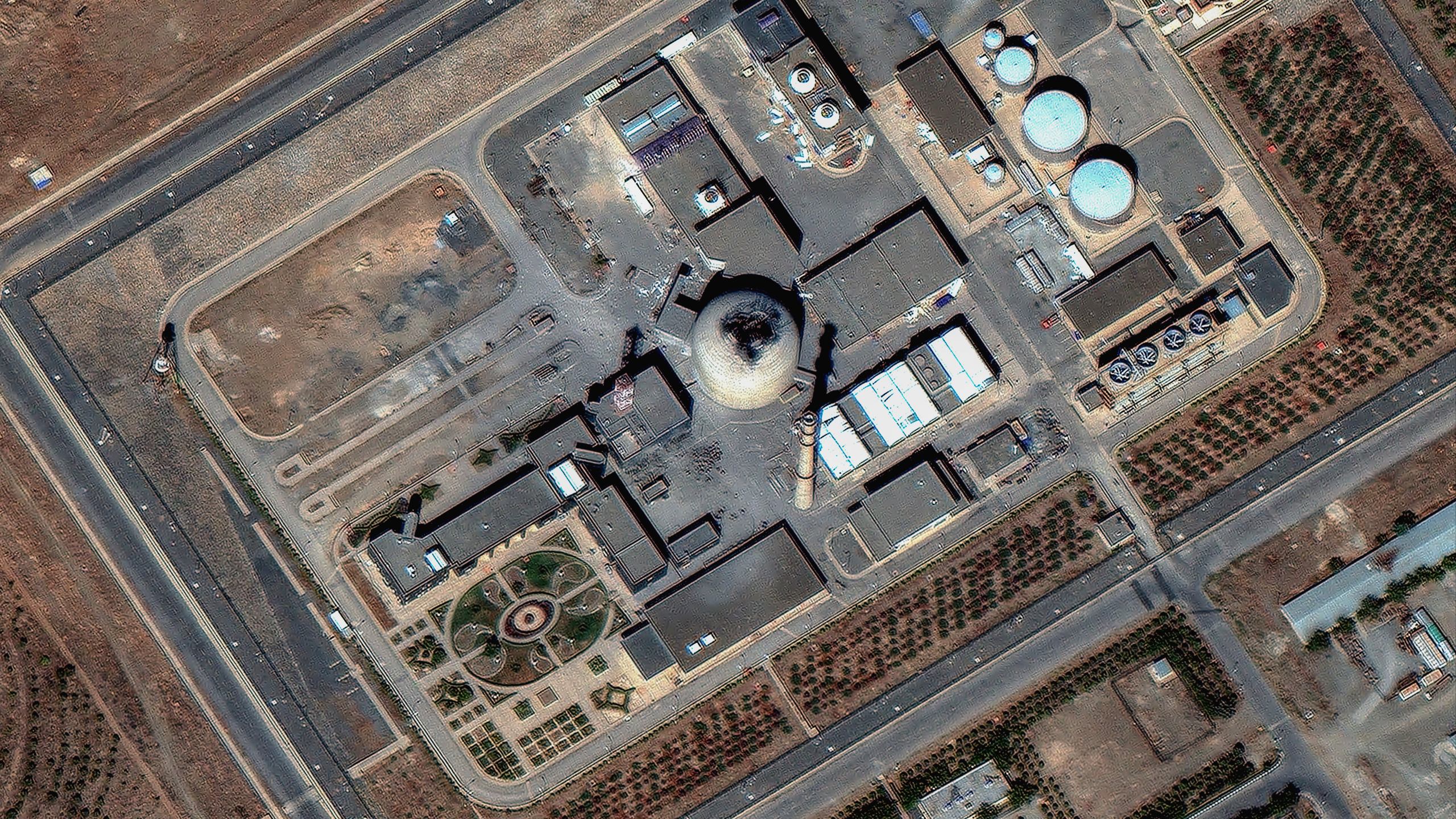 This satellite image provided by Maxar on June 18, 2025 shows Iran's Arak heavy water reactor building after Israel launched airstrikes on the reactor. (Maxar Technologies via AP)
