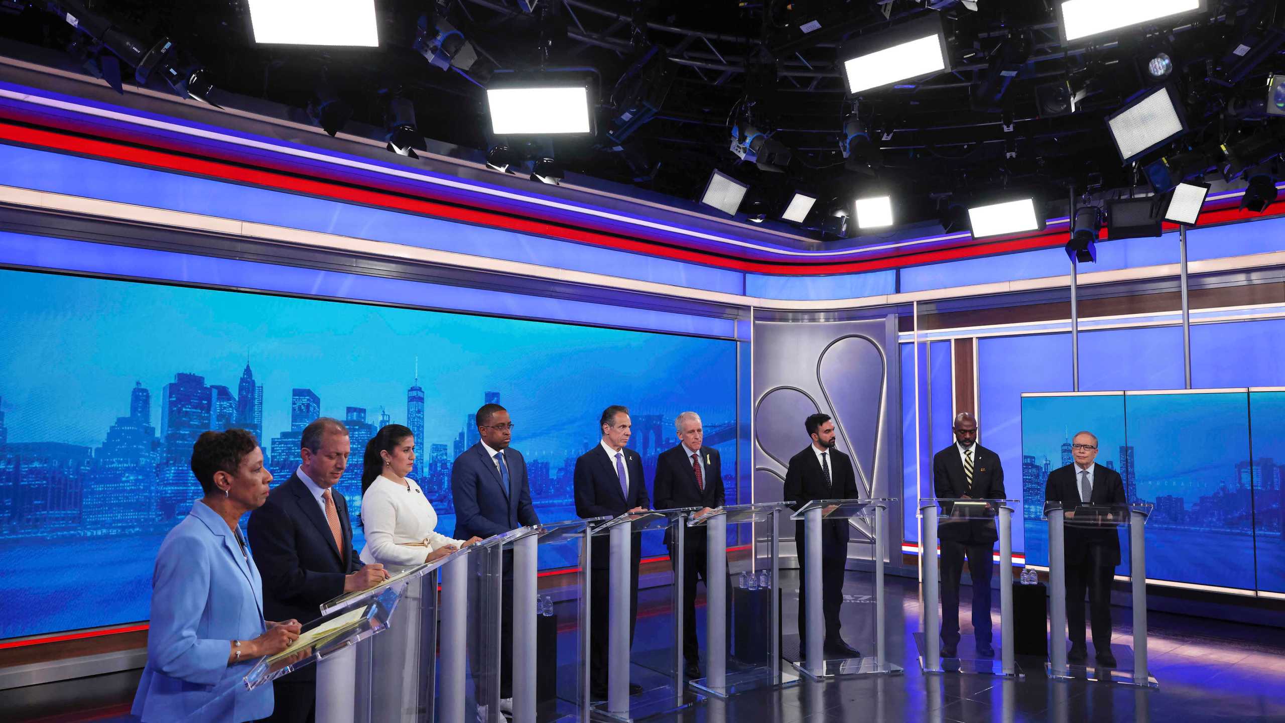 From left, Democratic mayoral candidates Adrienne Adams, Brad Lander, Jessica Ramos, Zellnor Myrie, Andrew Cuomo, Whitney Tilson, Zohran Mamdani, Michael Blake and Scott Stringer participate in a Democratic mayoral primary debate, Wednesday, June 4, 2025, in New York. (AP Photo/Yuki Iwamura, Pool)