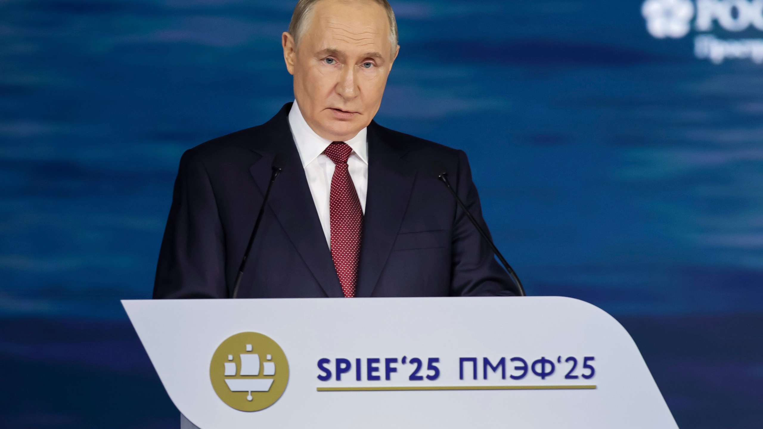 In this photo released by the Roscongress Foundation, Russian President Vladimir Putin speaks at a plenary session of the St. Petersburg International Econimic Forum in St. Petersburg, Russia, Friday, June 20, 2025. (Vyacheslav Viktorov/ Roscongress Foundation via AP)