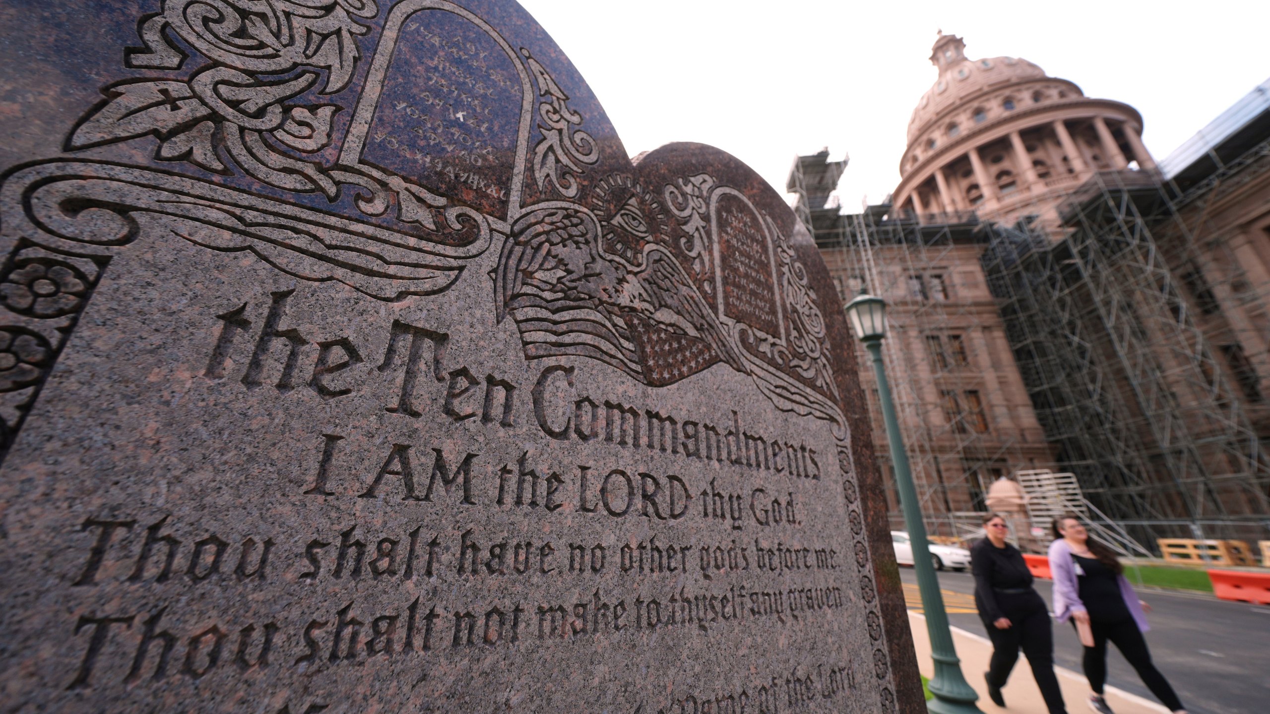 A granite Ten Commandments monument stands on the ground of the Texas Capitol, Thursday, May 29, 2025, in Austin, Texas. (AP Photo/Eric Gay)