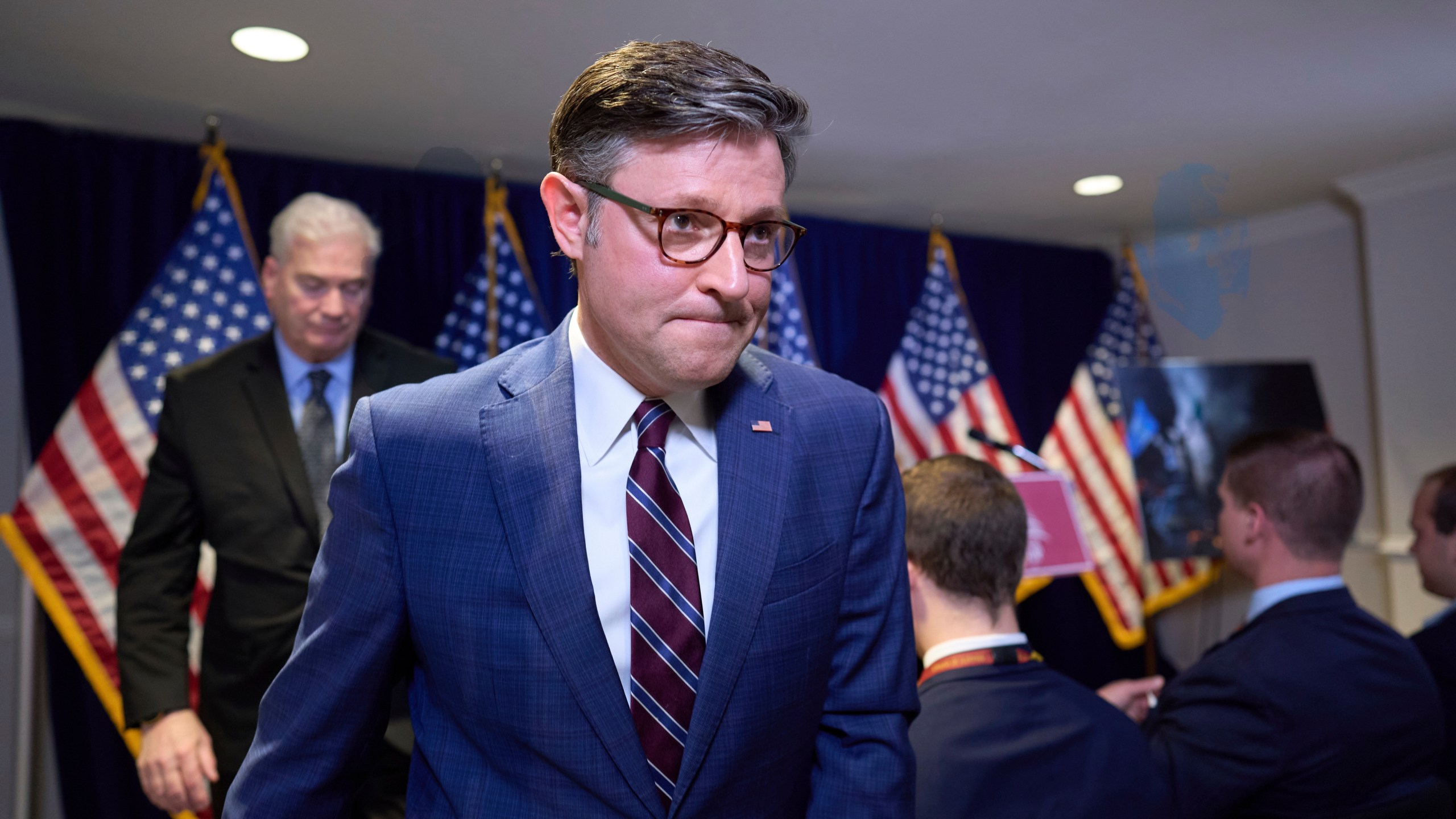 Speaker of the House Mike Johnson, R-La., and the Republican leadership depart a news conference after defending President Donald Trump's handling of protests in Los Angeles by sending thousands of National Guard troops and 700 active duty Marines to quell the immigration protests, at the RNC near the Capitol in Washington, Tuesday, June 10, 2025. (AP Photo/J. Scott Applewhite)