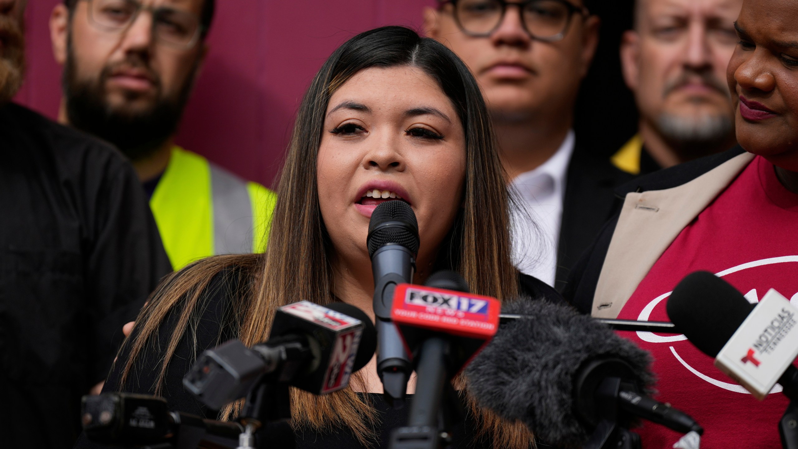 Jennifer Vasquez Sura, wife of Kilmar Abrego Garcia, speaks during a news conference on Friday, June 13, 2025 in Nashville, Tenn. (AP Photo/George Walker IV)