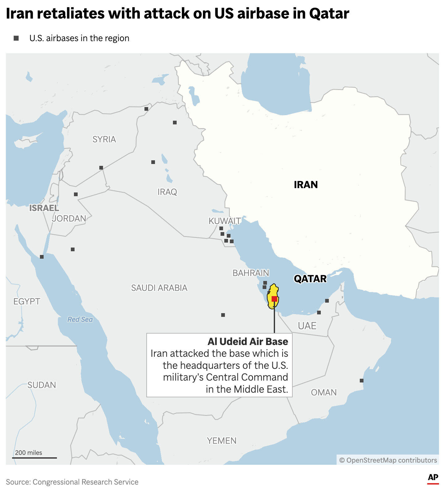 The map above locates the U.S. Al Udeid Air Base in Qatar, which was attacked by Iran. (AP Graphic)