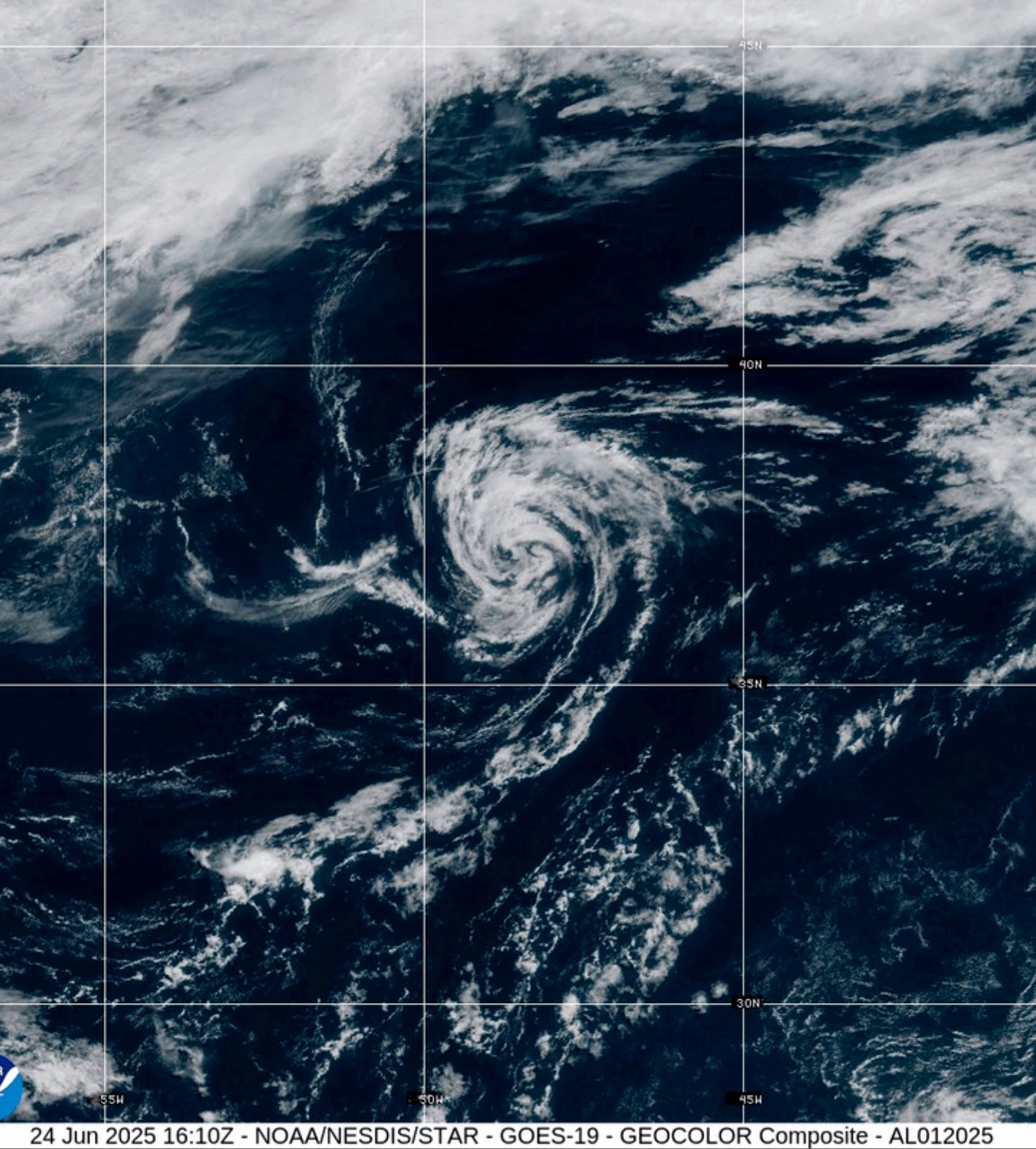 This satellite image provided by the National Oceanic and Atmospheric Administration (NOAA) shows Tropical Storm Andrea, Tuesday, June 24, 2025. (NOAA via AP)
