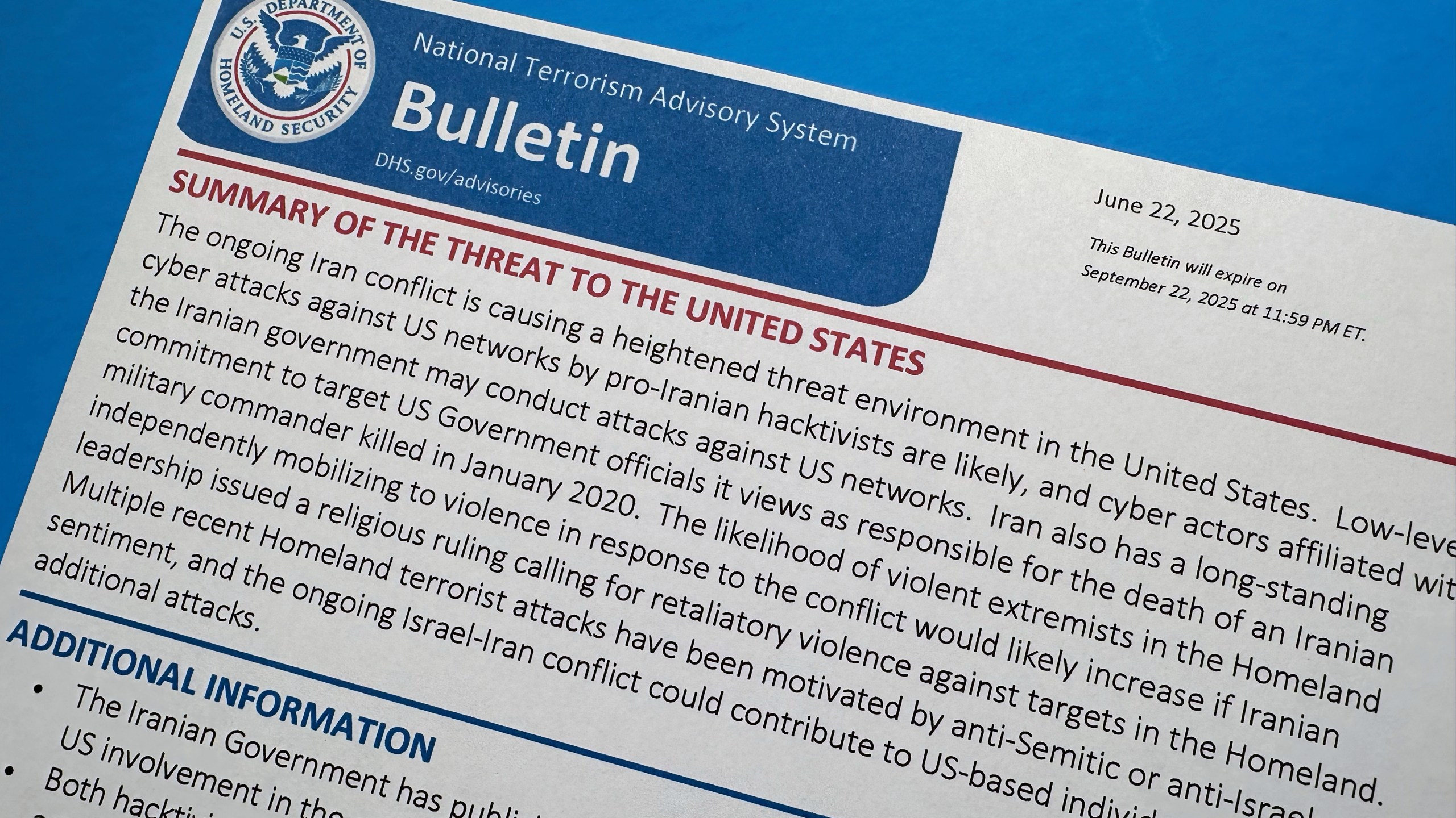 A National Terrorism Advisory System bulletin issued by the Department of Homeland Security warning of a "heightened threat environment" following U.S. strikes on Iranian nuclear sites, is photographed June 23, 2025. (AP Photo/Jon Elswick)
