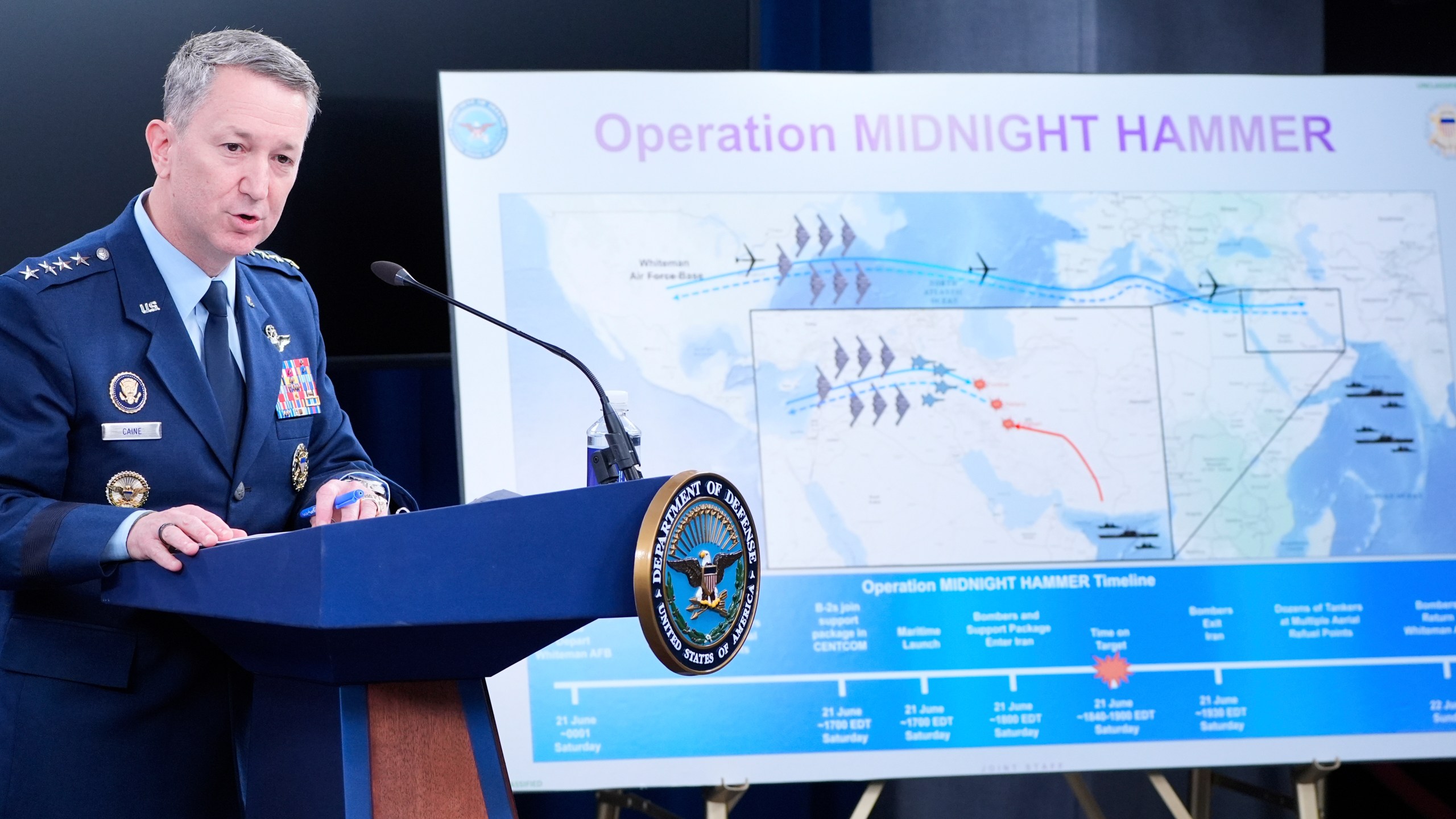 Joint Chiefs Chairman Gen. Dan Caine speaks during a news conference at the Pentagon in Washington, Sunday, June 22, 2025, after the U.S. military struck three sites in Iran, directly joining Israel's effort to destroy the country's nuclear program. (AP Photo/Alex Brandon)