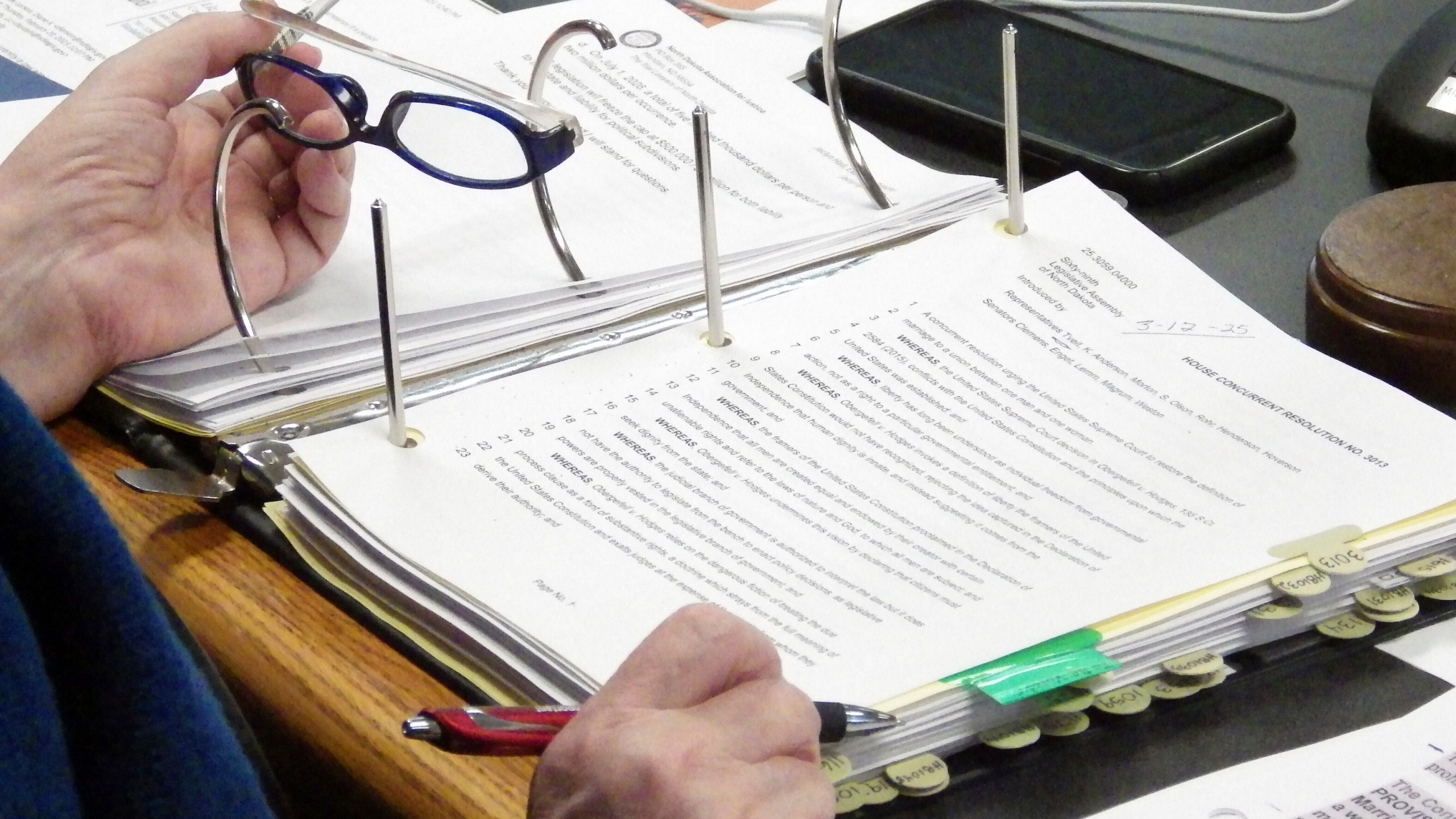 FILE - North Dakota Republican Sen. Diane Larson looks at a resolution that would urge the U.S. Supreme Court to overturn its 2015 decision that legalized same-sex marriage nationwide, March 12, 2025, at the state Capitol in Bismarck, N.D. (AP Photo/Jack Dura, File)