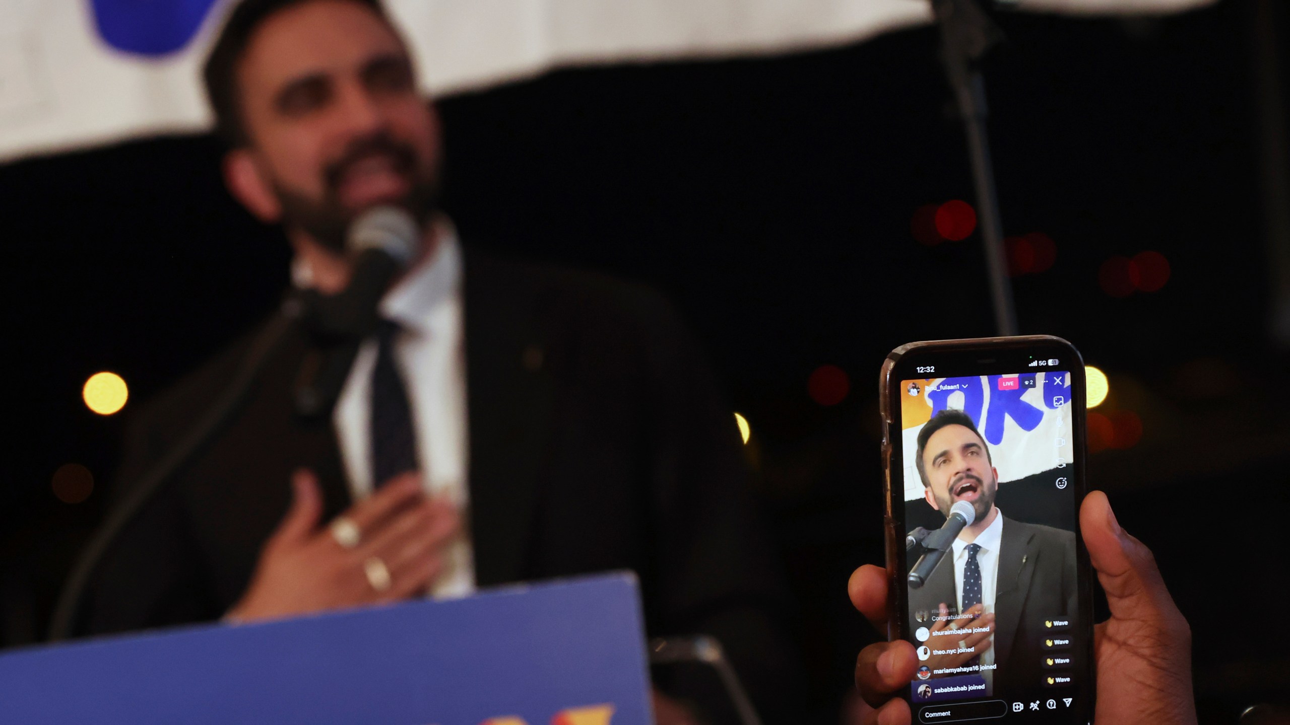 Democratic mayoral candidate Zohran Mamdani is recorded by supporters while he speaks at his primary election party, Wednesday, June 25, 2025, in New York. (AP Photo/Heather Khalifa)