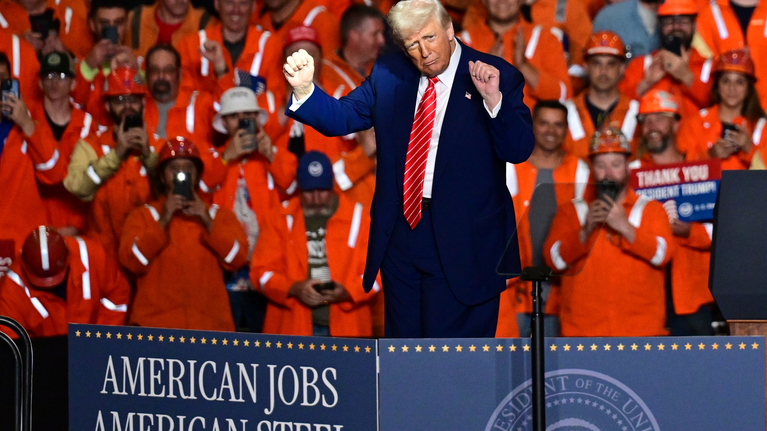 President Donald Trump dances after speaking at the U.S. Steel Mon Valley Works-Irvin plant, Friday, May 30, 2025, in West Mifflin, Pa. (AP Photo/David Dermer)
