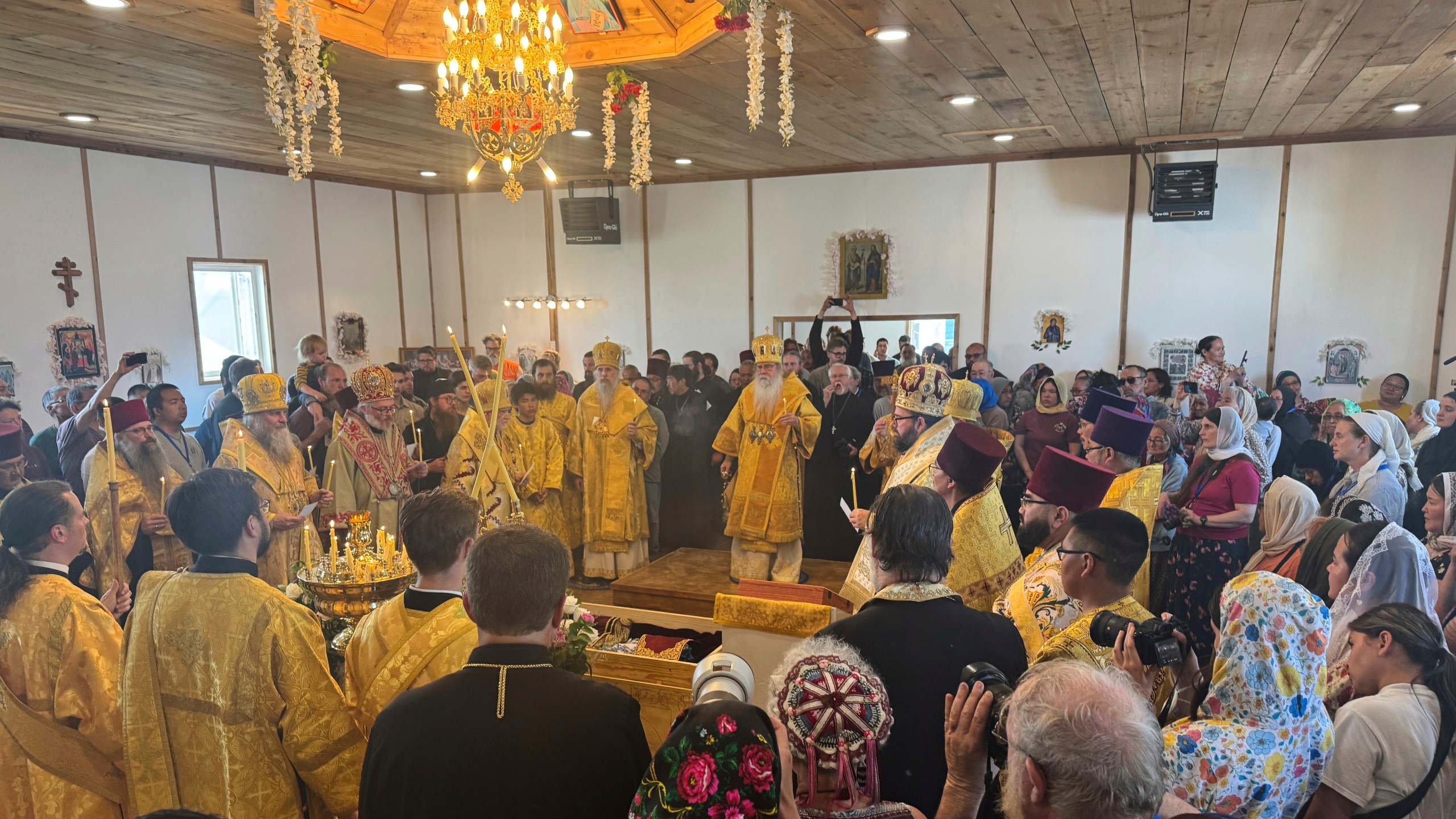 Worshippers fill St. Nicholas Orthodox Church in Kwethluk, Alaska, on June 19, 2025, for the canonization ceremony of St. Olga, the first female Orthodox saint in North America. (AP Photo/Mark Thiessen)