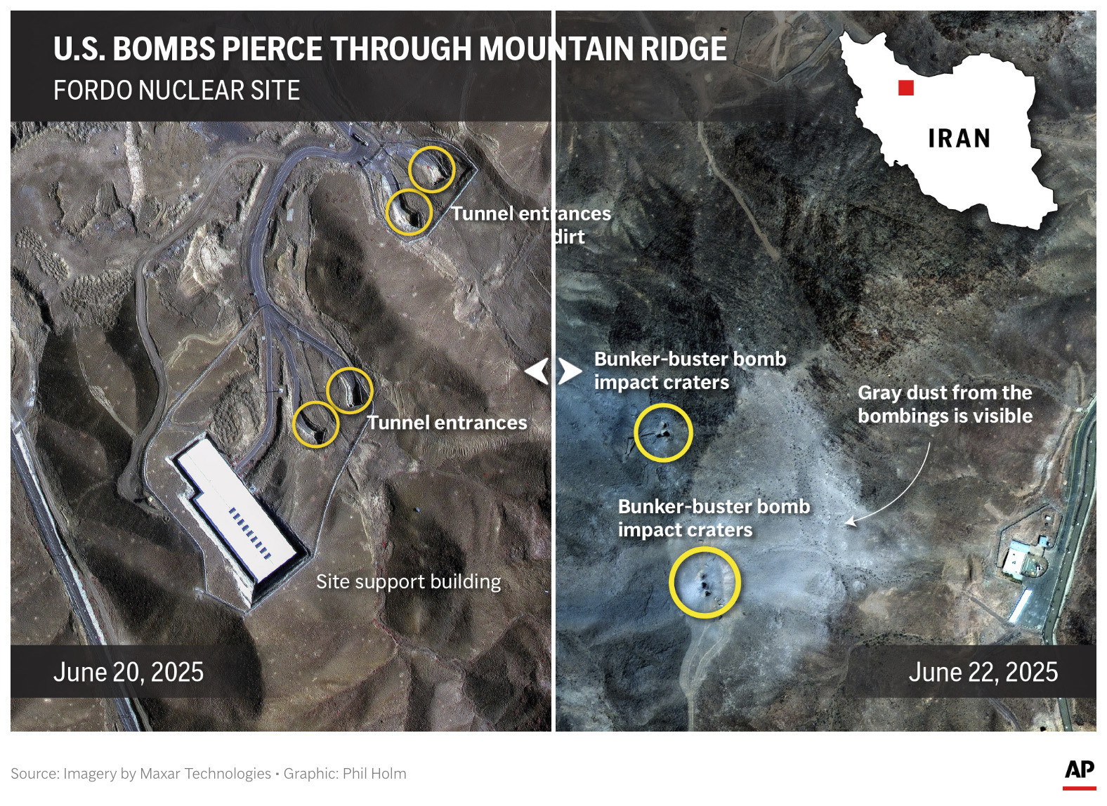 The image above is a frame grab of a before and after interactive slider that compares Iran's Fordo nuclear facility before and after U.S. bombed the site. (AP Graphic)