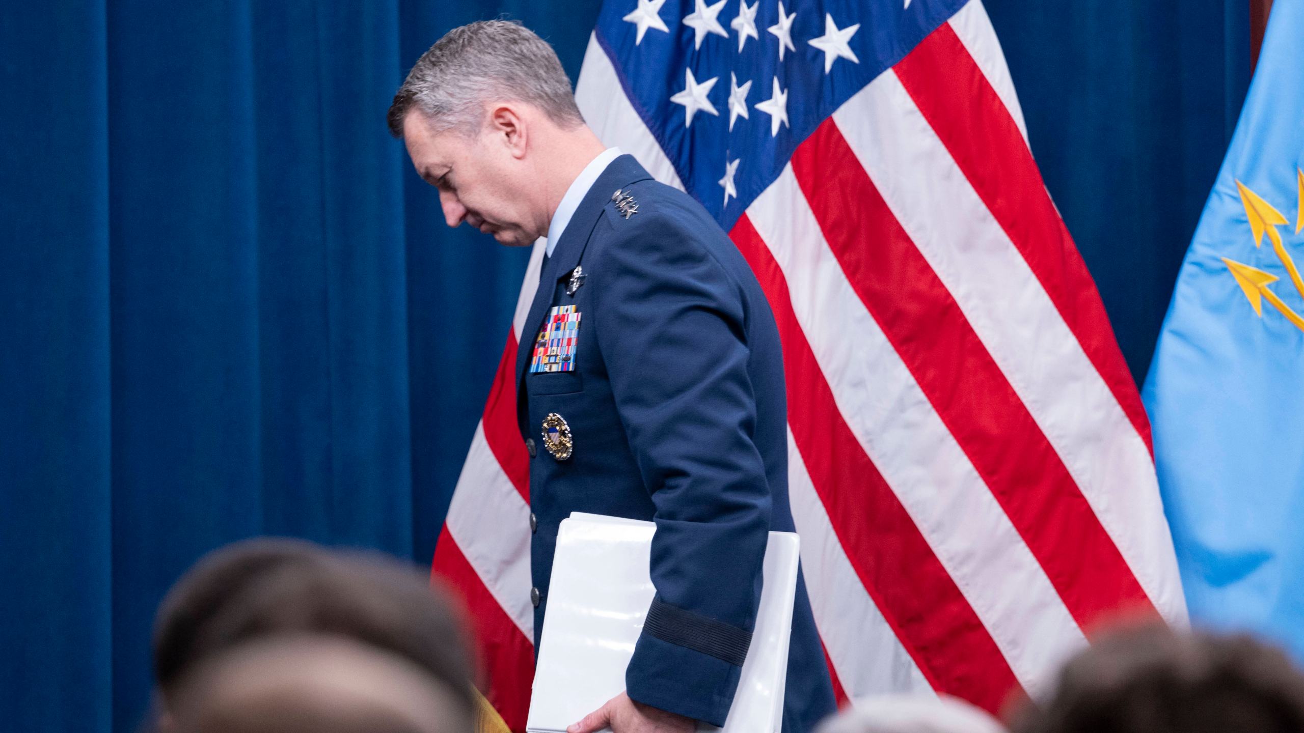Joint Chiefs Chairman Gen. Dan Caine steps away from the podium following a news conference at the Pentagon, Thursday, June 26, 2025 in Washington. (AP Photo/Kevin Wolf)