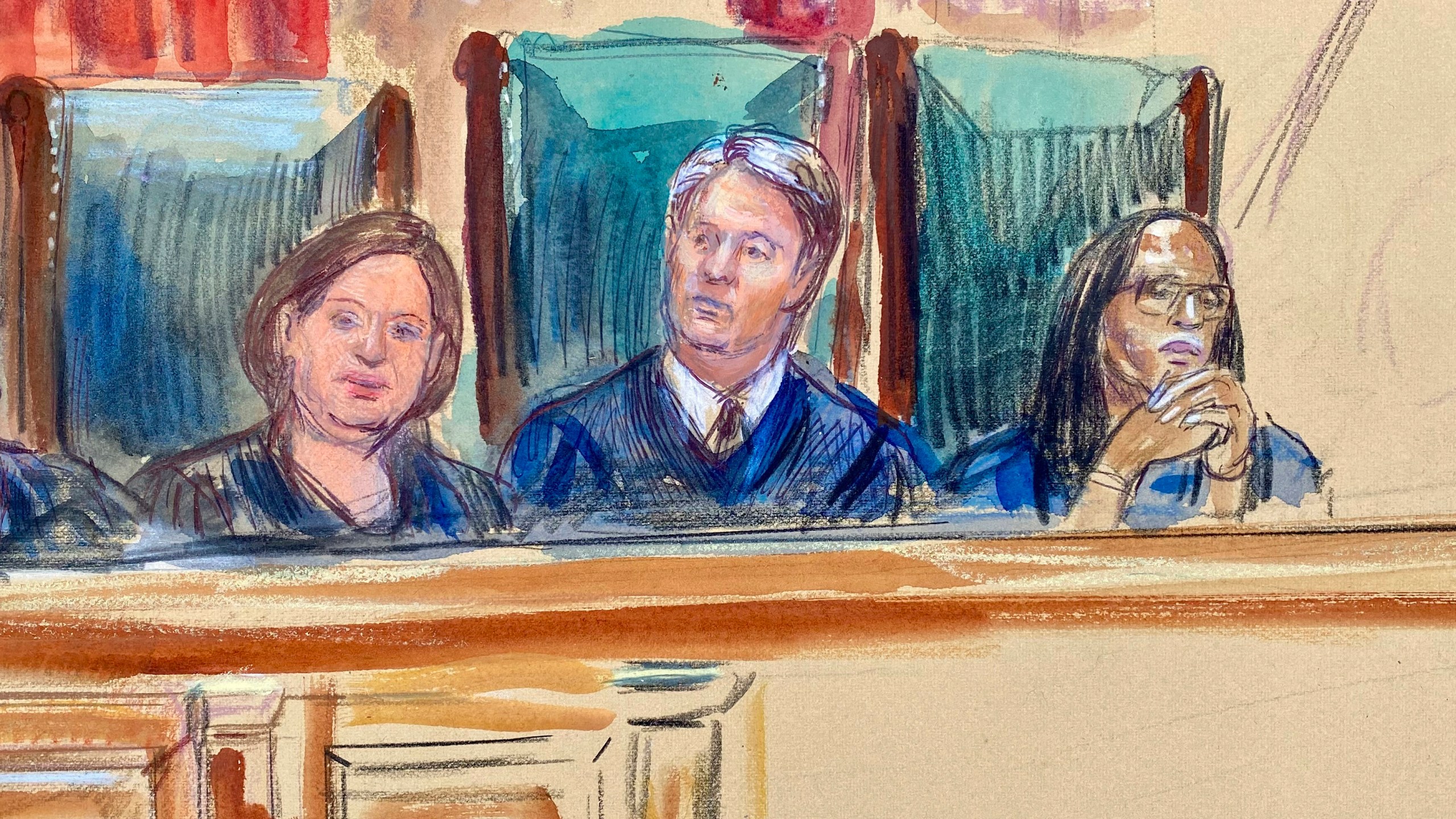 This artist sketch depicts Justice Elena Kagan, from left, Justice Brett Kavanaugh and Justice Ketanji Brown Jackson as the Justices announce opinions at the Supreme Court in Washington, Friday, June 27, 2025. (Dana Verkouteren via AP)