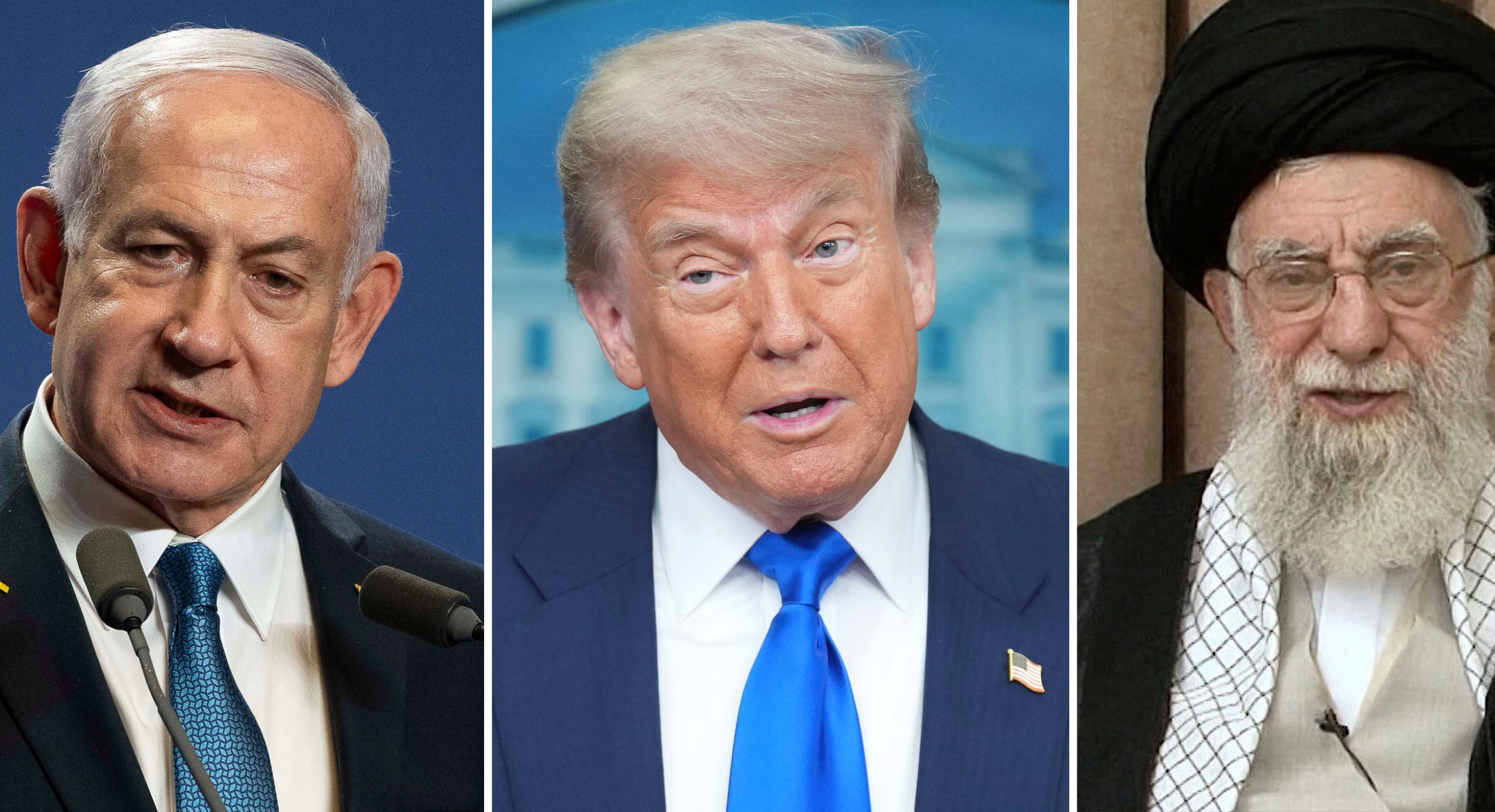 This combination of photos shows Israel's Prime Minister Benjamin Netanyahu in Budapest, Hungary, April 3, 2025, from left, President Donald Trump in the briefing room of the White House in Washington, June 27, 2025, and a handout of Supreme Leader Ayatollah Ali Khamenei during a televised speech in Tehran, Iran, June 26, 2025. (AP Photo/Denes Erdos, from left, AP Photo/Jacquelyn Martin, Office of the Iranian Supreme Leader via AP)