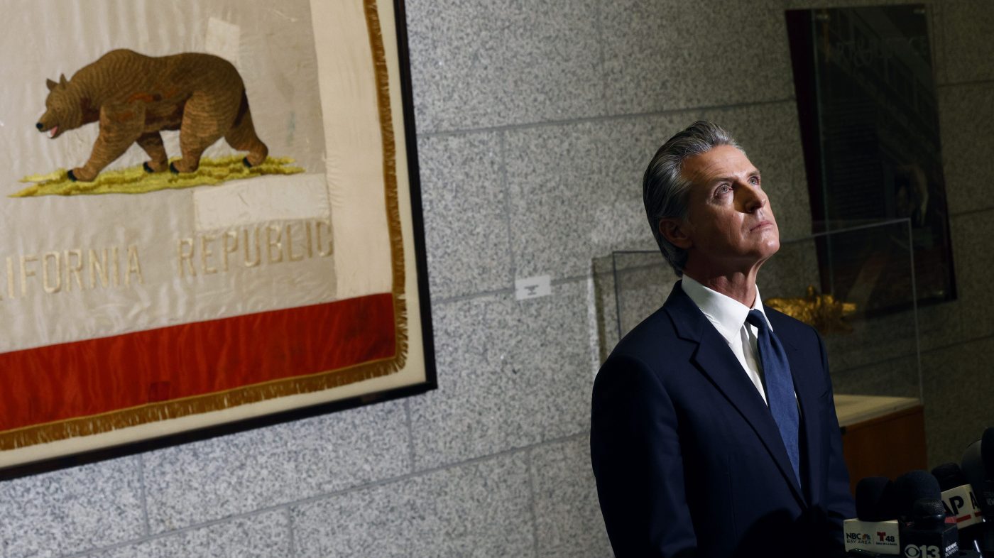 Gov. Gavin Newsom speaks at the California State Supreme Court building in San Francisco.