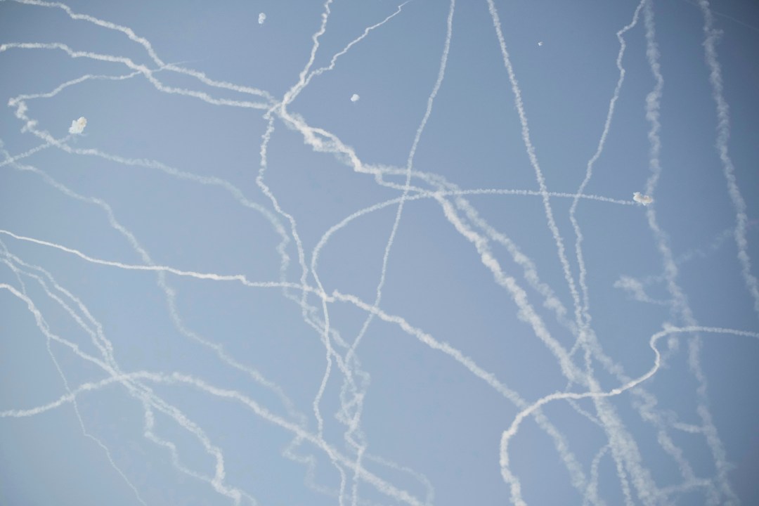 Israeli air defense system fires to intercept missiles.