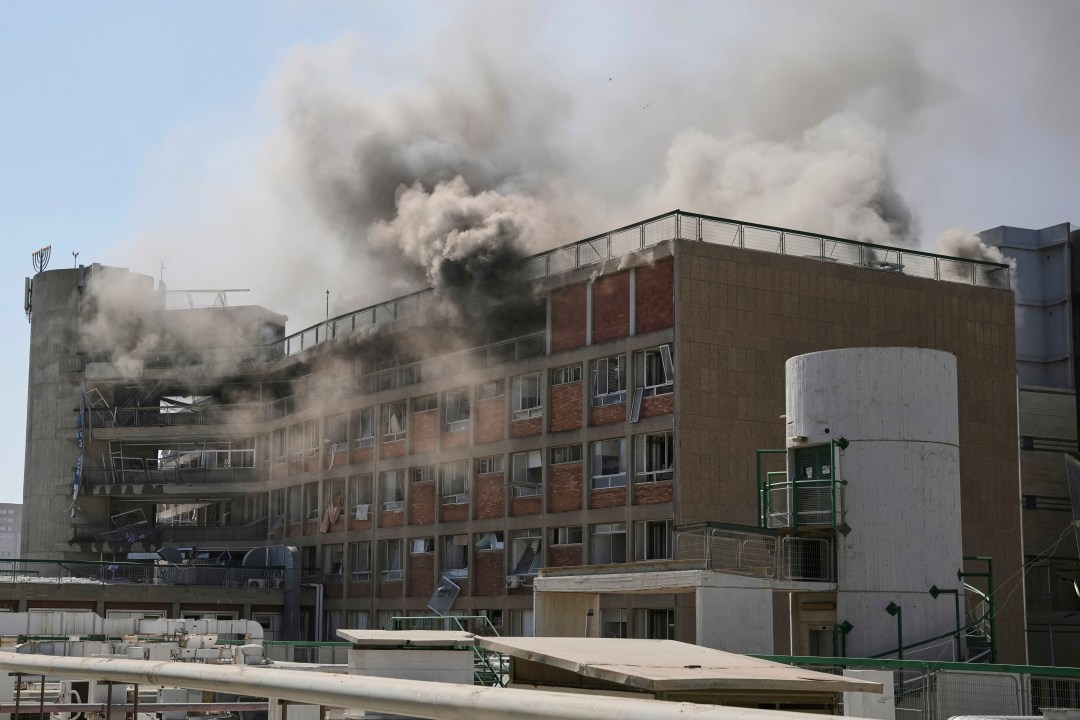 Smokes raises from a building of the Soroka hospital complex