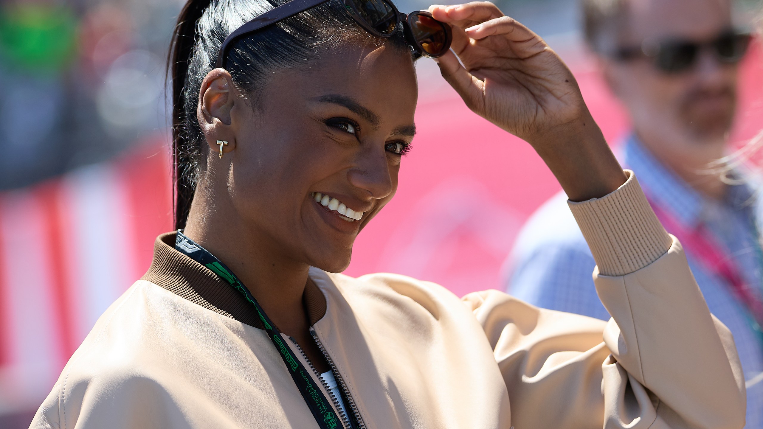 Simone Ashley smiles at the Grand Prix in Monaco