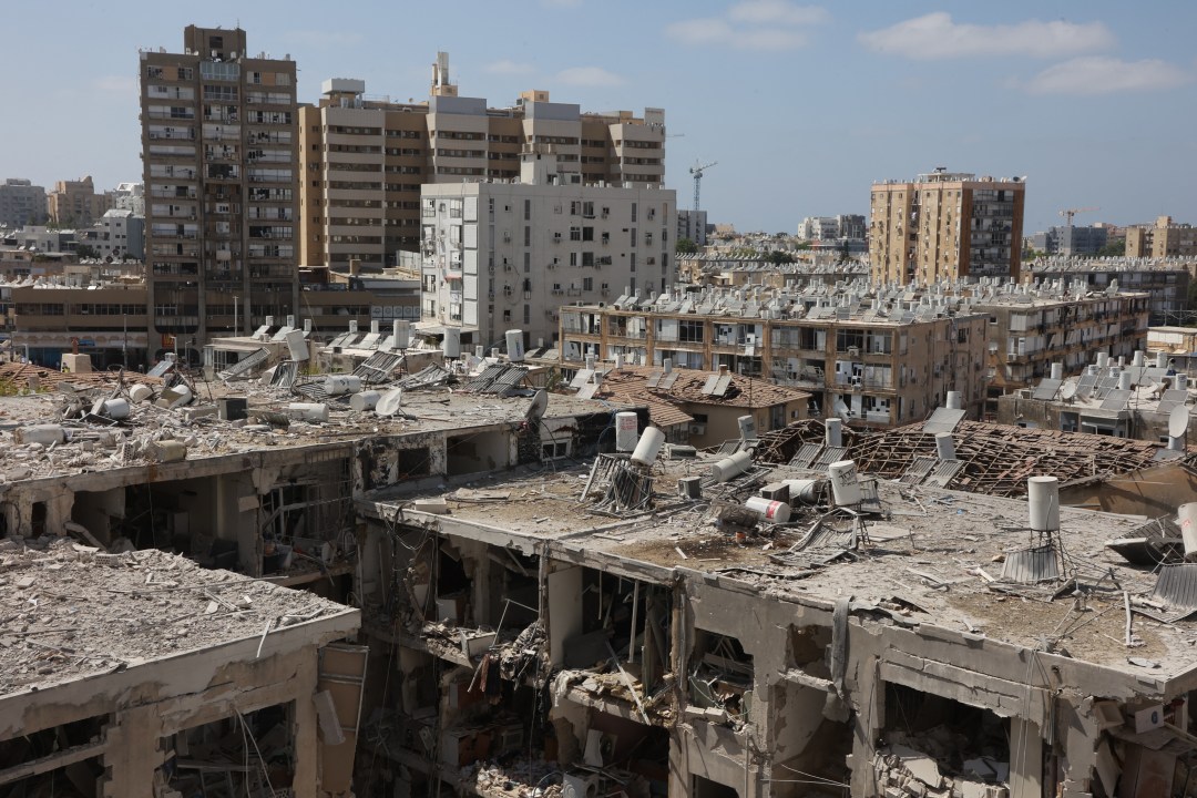 A general view shows heavily damaged buildings in Bet Yam, Israel.