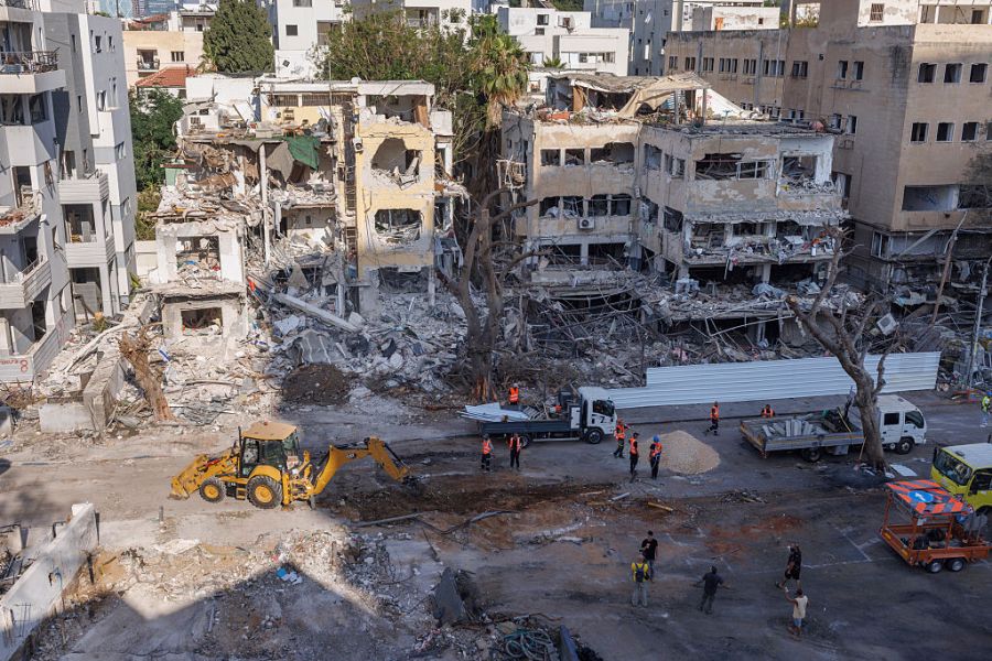Buildings hit by ballistic missiles in Tel Aviv, Israel.