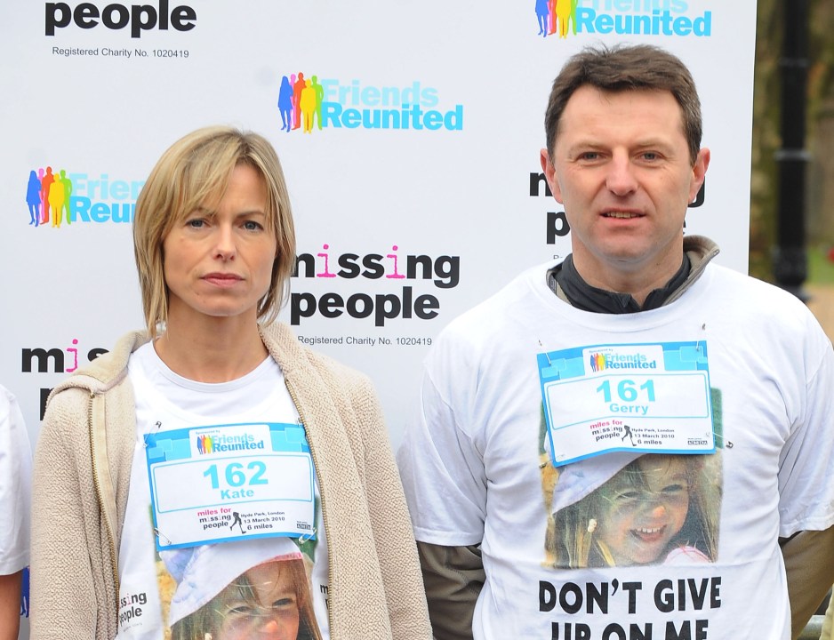 Kate and Gerry McCann, wearing T-shirts printed with a photo of their missing daughter