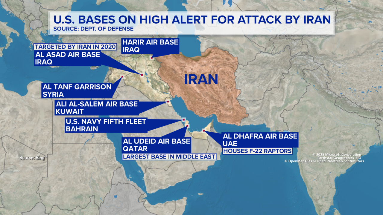 Map of U.S. military bases at highest risk for strike by Iran,