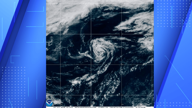 A satellite image of Tropical Storm Andrea provided by the NOAA on June 24, 2025.