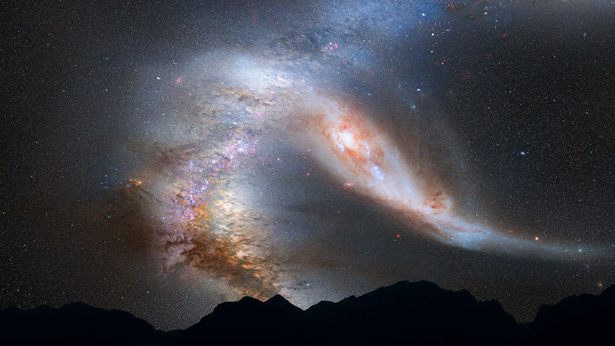 A 2012 photo illustration depicts a view of the night sky just before a potential merger between our Milky Way galaxy and the neighboring Andromeda galaxy. (NASA)
