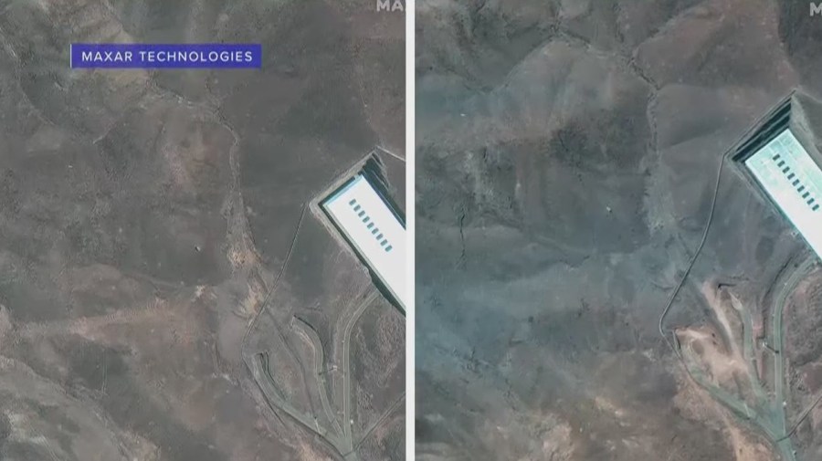 Satellite images of Iran nuke site Fordow show damage after US airstrike. Satellite image ©2025 Maxar Technologies.