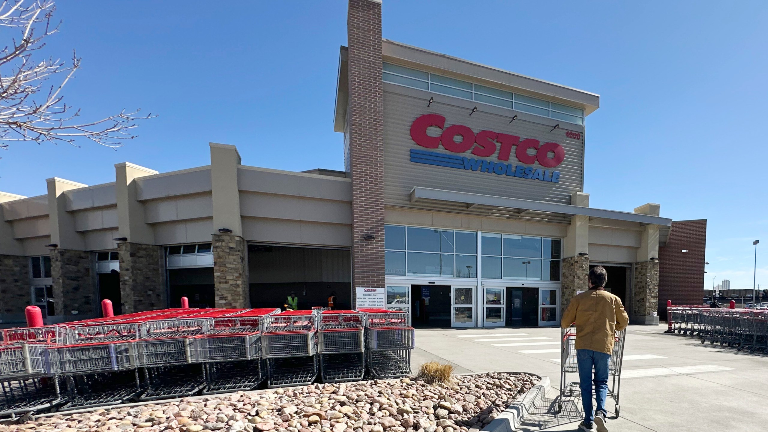 FILE - A lone shopper pushes a cart toward the entrance of a Costco warehouse, March 13, 2025, in Sheridan, Colo. (AP Photo/David Zalubowski, File)