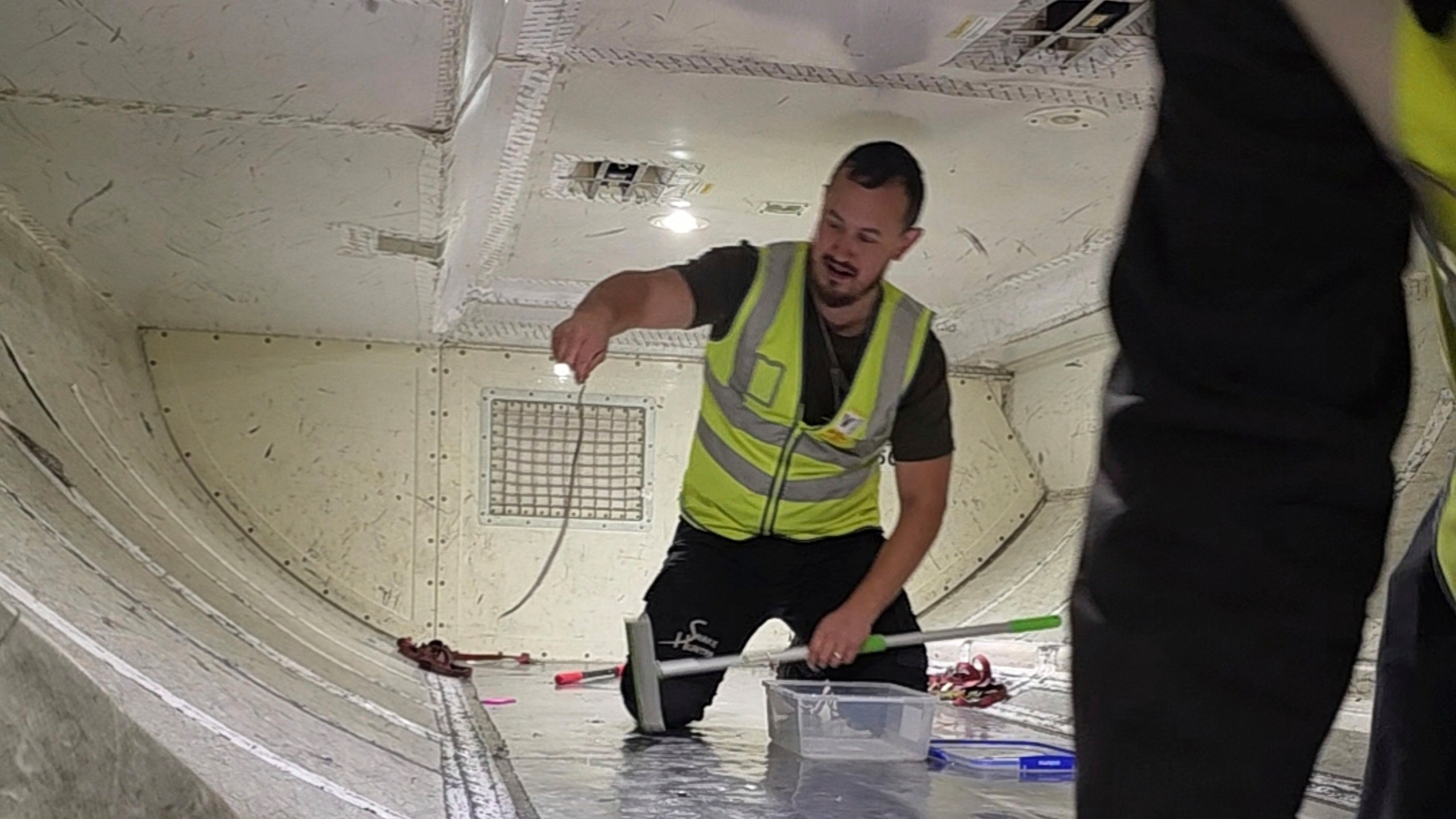 a man lifts a 2-foot-long green tree snake in the cargo hold of a plane