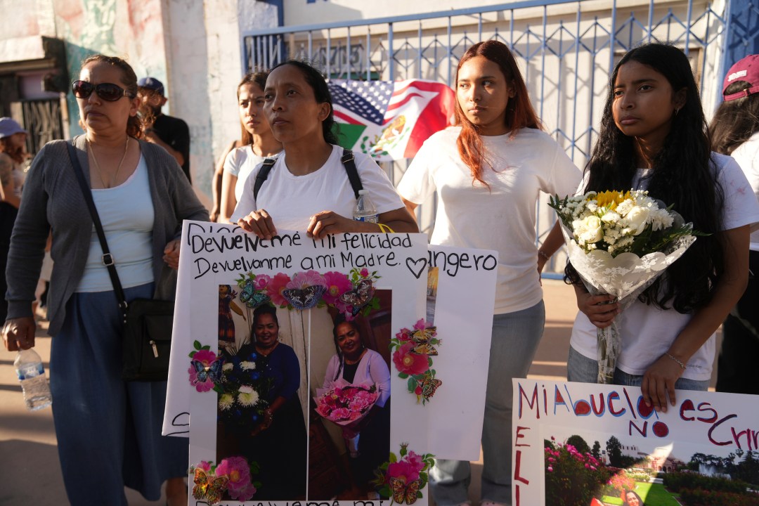 Family members demand the return of immigrant Emma de Paz, who was detained by ICE agents outside a Hollywood Home Depot on June 19, at the "Reclaim Our Street" event to oppose ongoing ICE immigration raids at Mariachi Plaza in the Boyle Heights neighborhood of Los Angeles, Tuesday, July 1, 2025. (AP Photo/Damian Dovarganes)