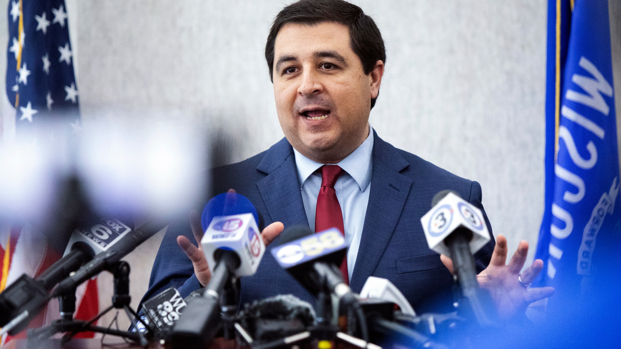 FILE - Wisconsin Attorney General Josh Kaul delivers remarks following hearing before Dane County Wis. judge Diane Schlipper which challenges a 174-year-old feticide law in Madison, Wis., May 4, 2023. (John Hart/Wisconsin State Journal via AP, File)